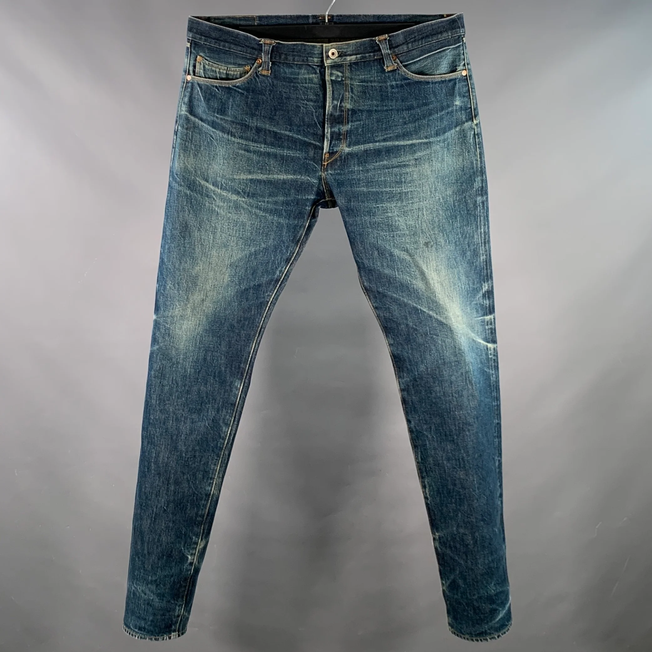 STEVENSON OVERALL CO. Size 38 Blue Distressed Cotton Selvedge Japanese Denim Button Fly Jeans
