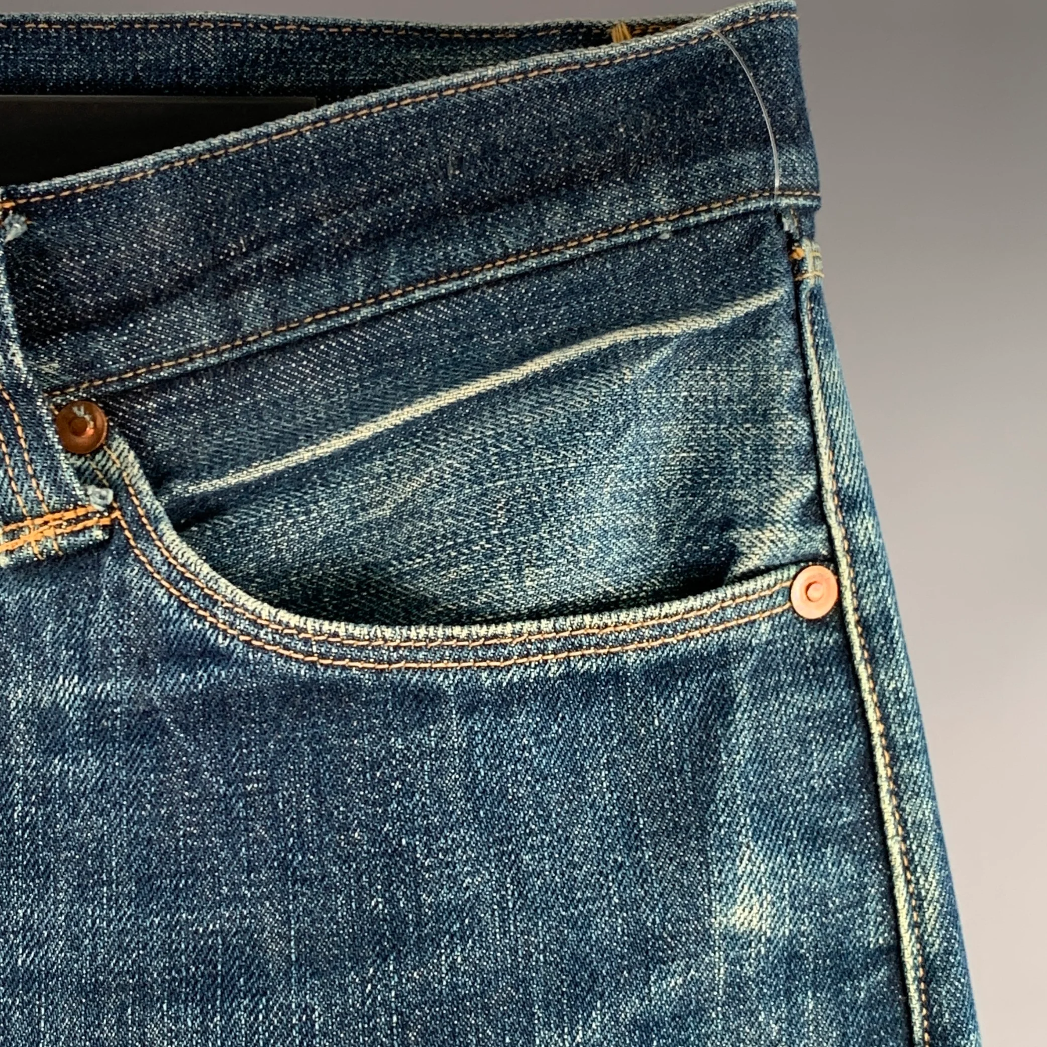 STEVENSON OVERALL CO. Size 38 Blue Distressed Cotton Selvedge Japanese Denim Button Fly Jeans - Image 4