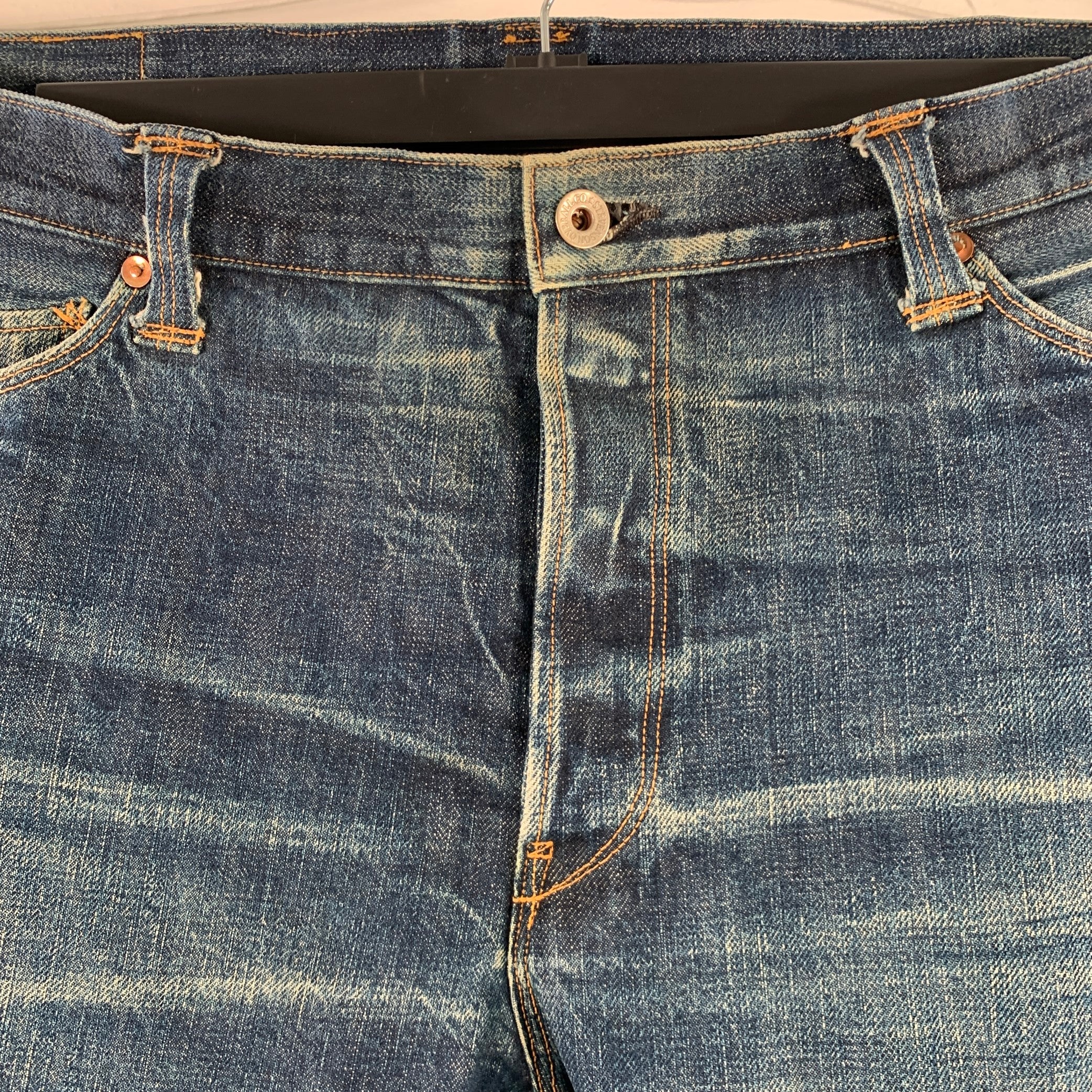 STEVENSON OVERALL CO. Size 38 Blue Distressed Cotton Selvedge Japanese Denim Button Fly Jeans - Image 5