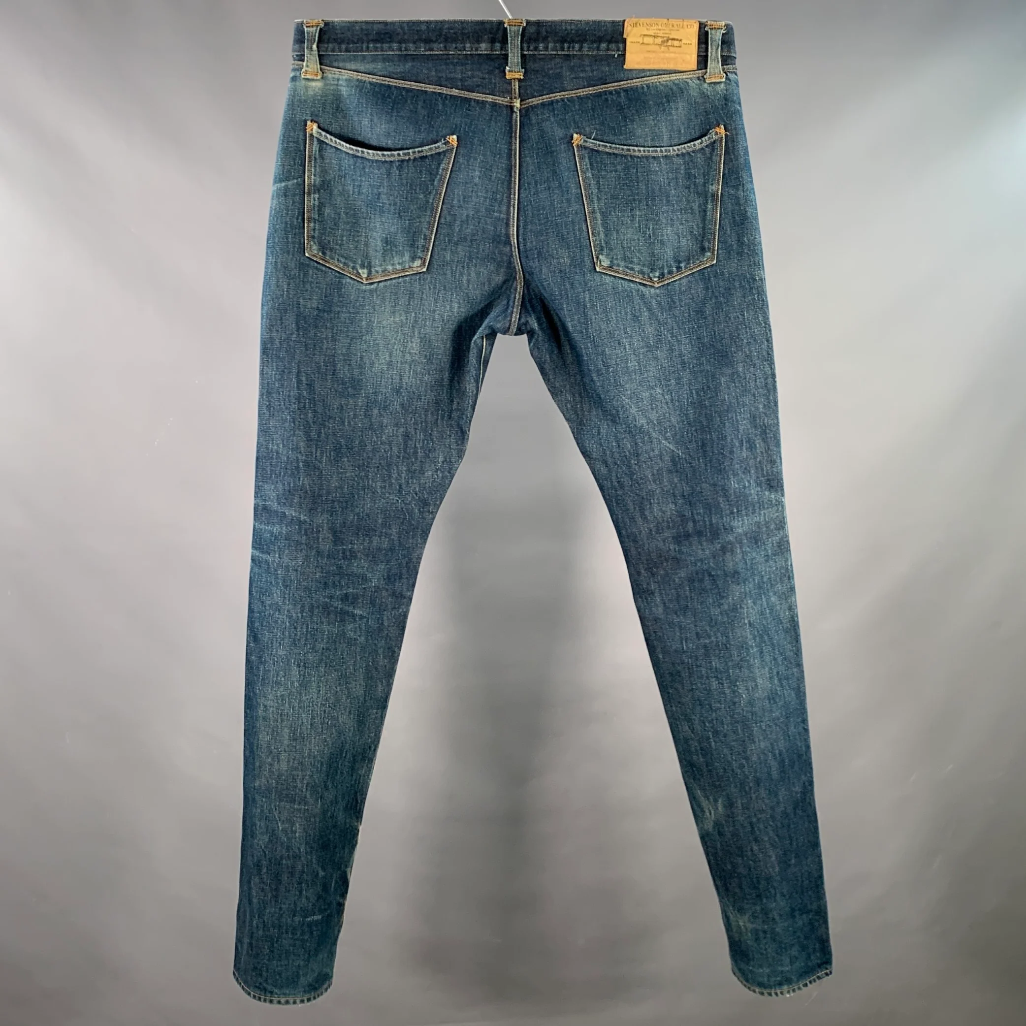 STEVENSON OVERALL CO. Size 38 Blue Distressed Cotton Selvedge Japanese Denim Button Fly Jeans - Image 6