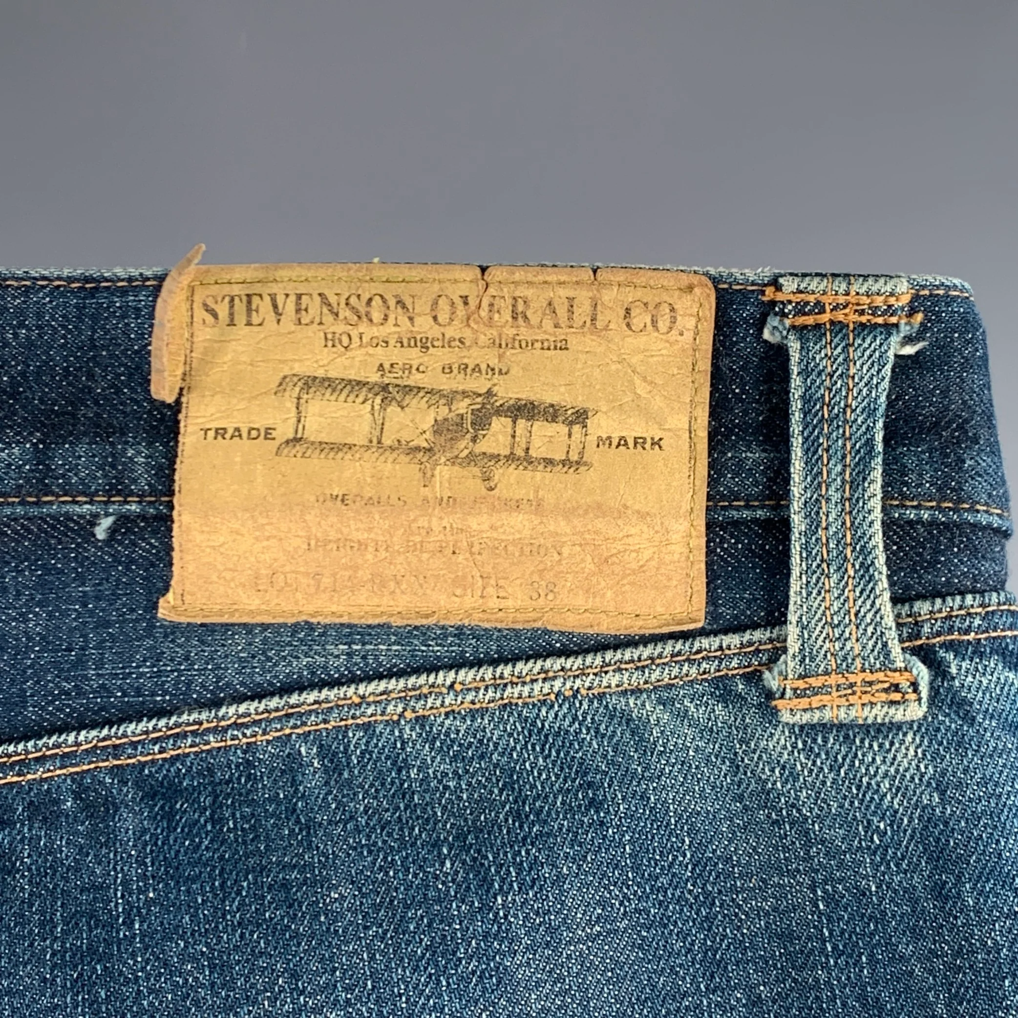 STEVENSON OVERALL CO. Size 38 Blue Distressed Cotton Selvedge Japanese Denim Button Fly Jeans - Image 7