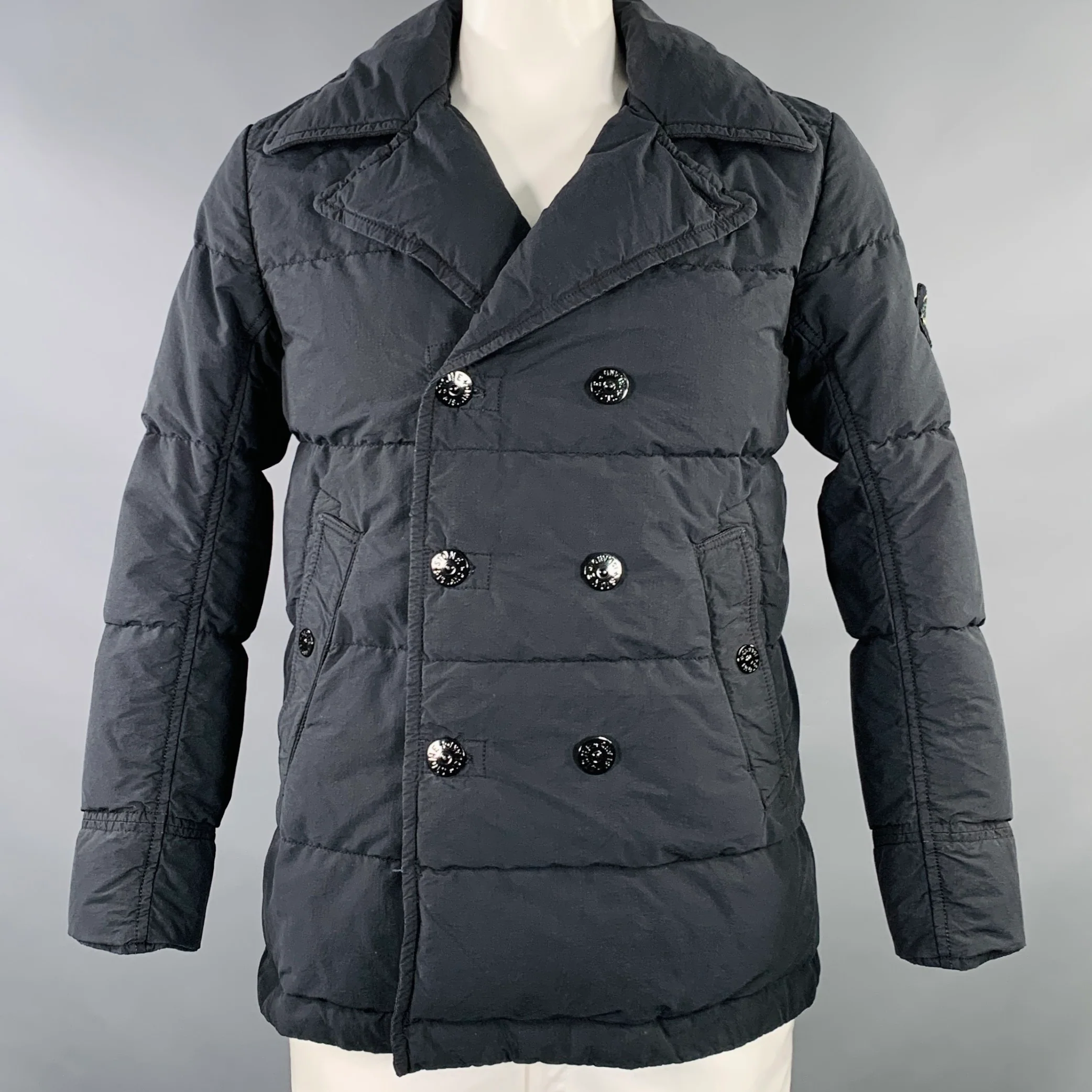 STONE ISLAND Size L Black Cotton Blend Double Breasted Coat