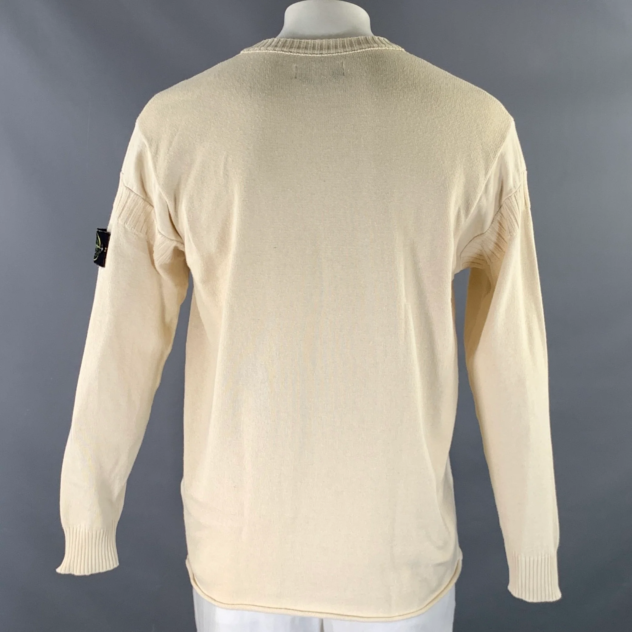 STONE ISLAND Size XL Cream Knitted Cotton Ribbed Pullover - Image 4