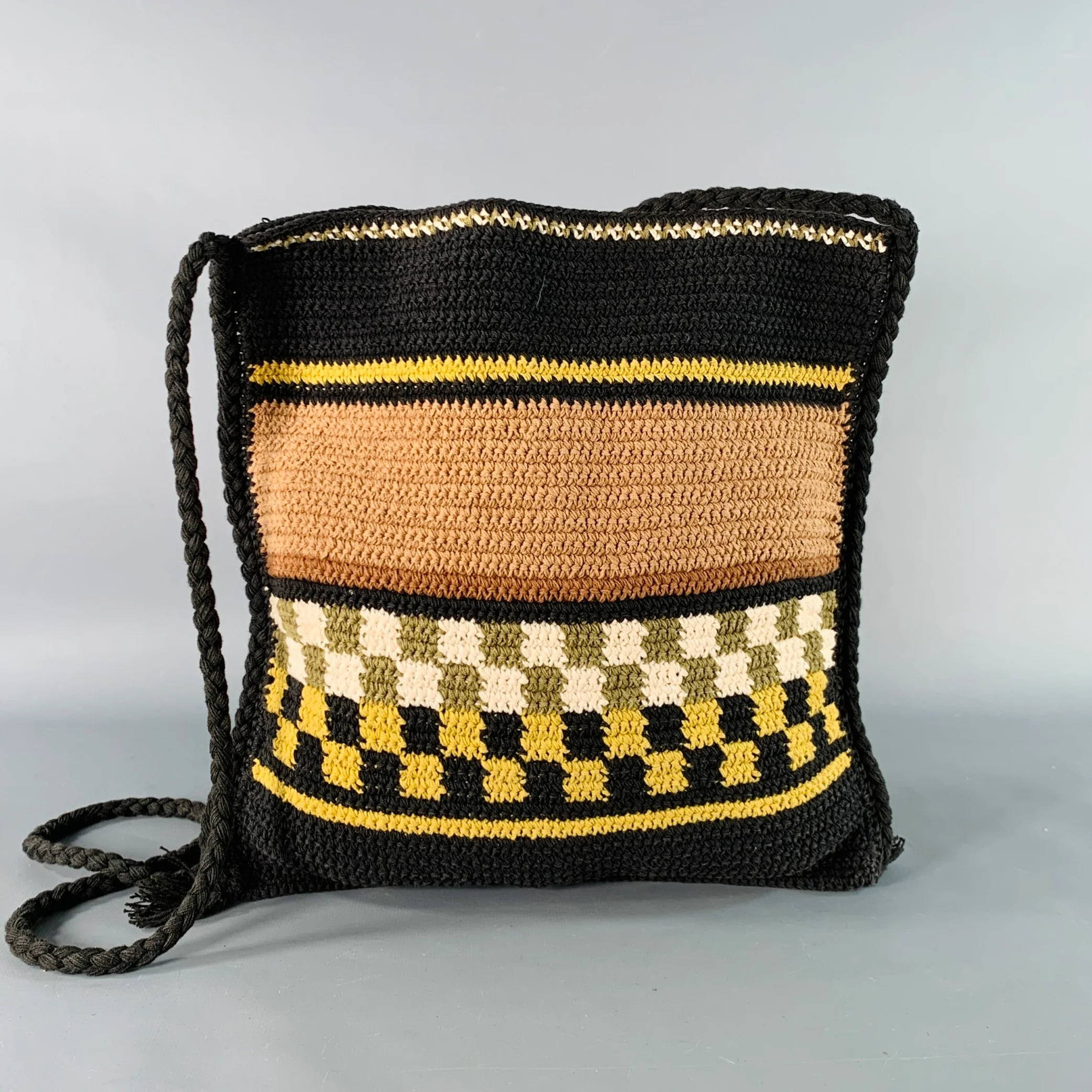 STORY MFG. Black Beige Crochet Cotton Logo Mixed Patterns Crossbody Bag - Image 2
