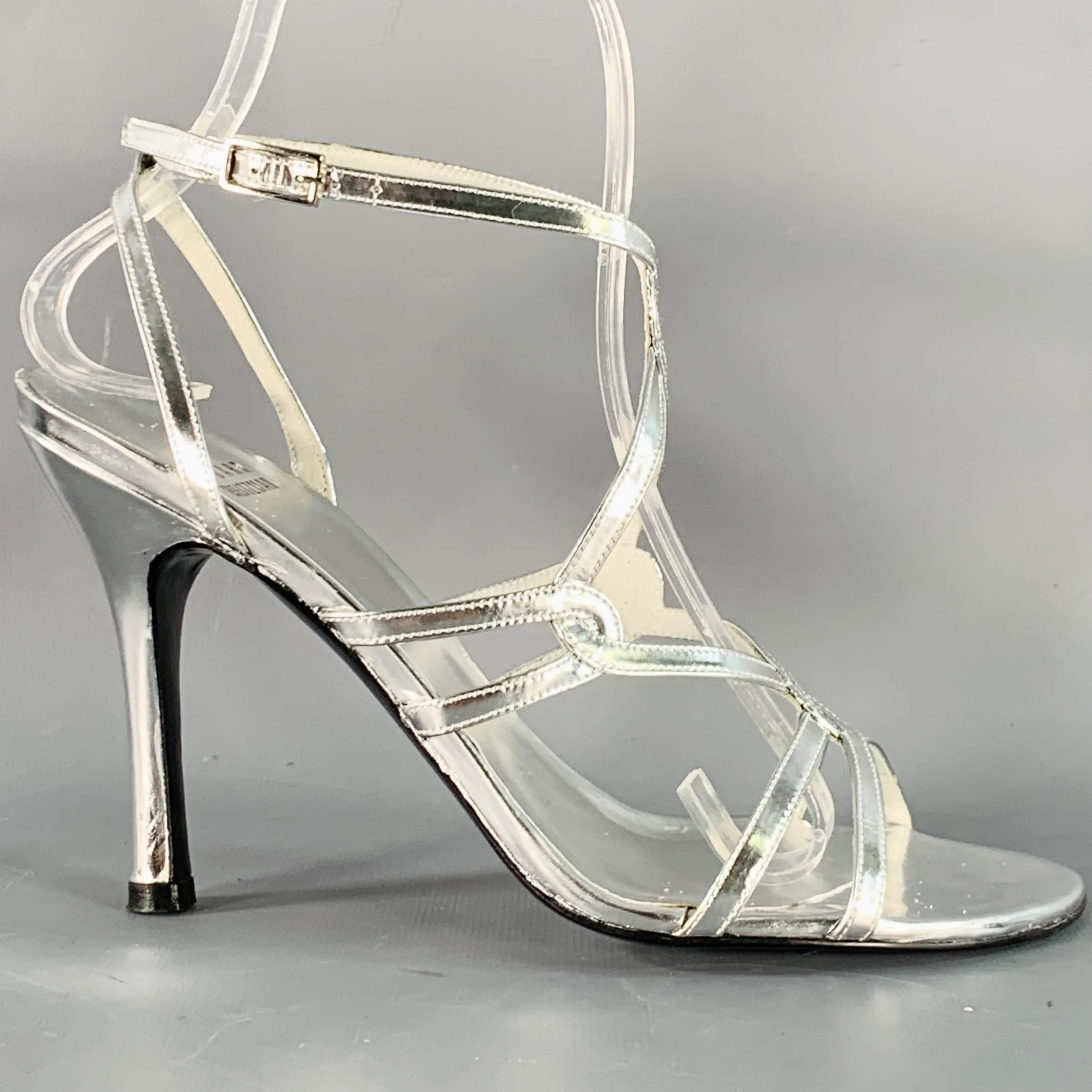 STUART WEITZMAN Size 6 Metallic Silver Patent Leather Strappy Ankle Strap Sandals - Image 2