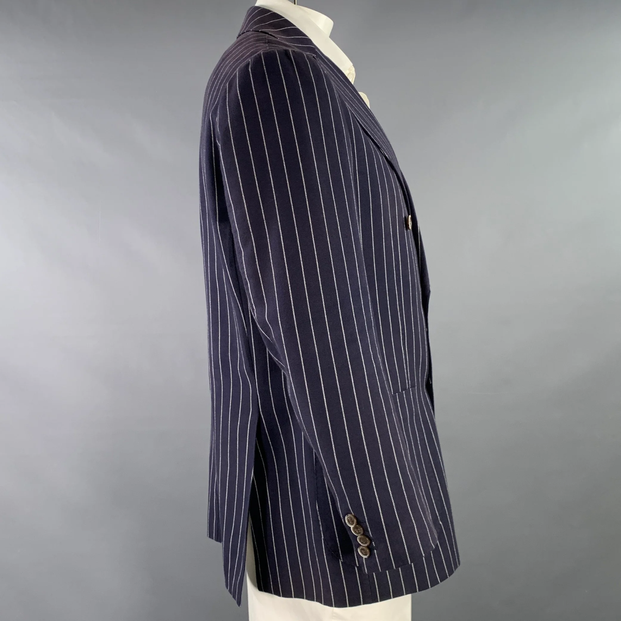 SUIT SUPPLY Chest Size 44 Navy White Pinstripe Cotton Double Breasted Sport Coat - Image 2