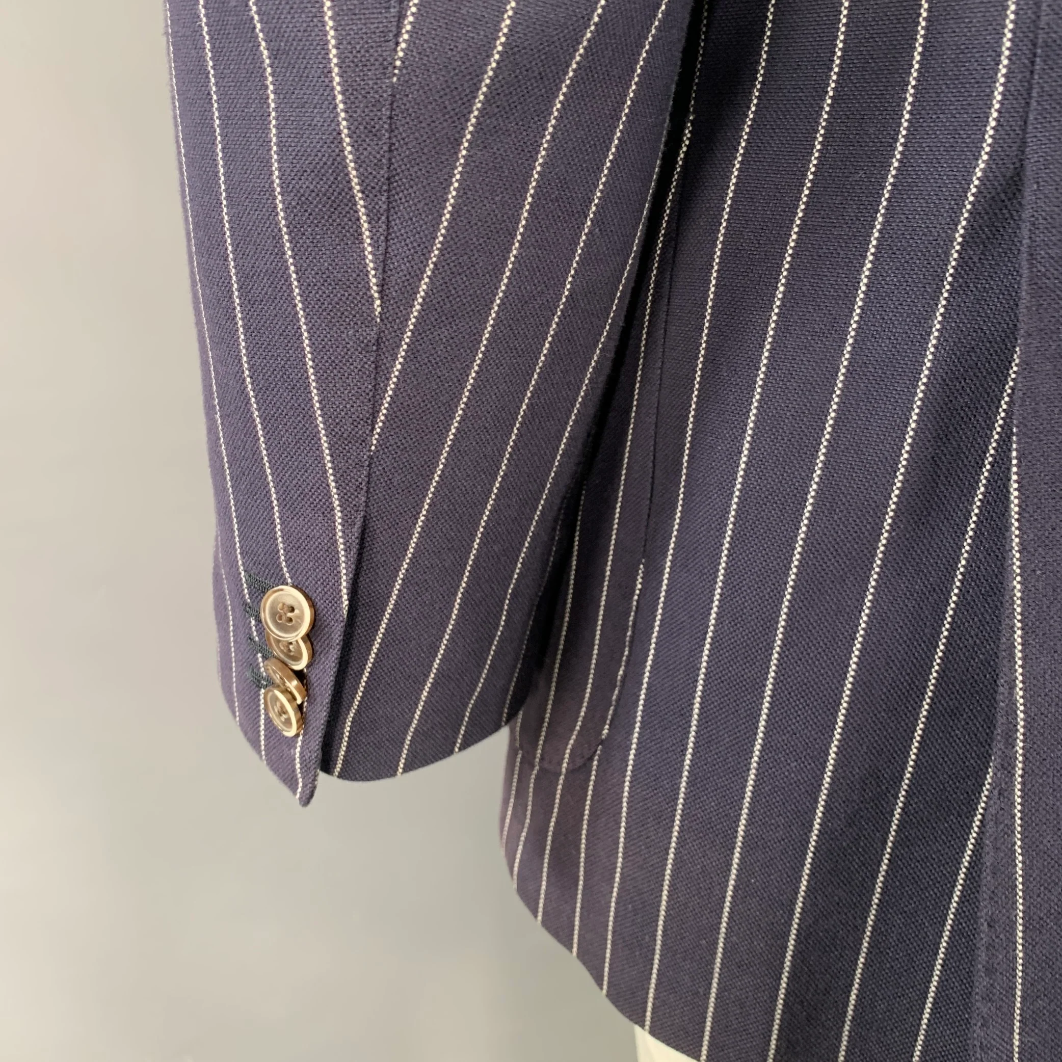 SUIT SUPPLY Chest Size 44 Navy White Pinstripe Cotton Double Breasted Sport Coat - Image 4