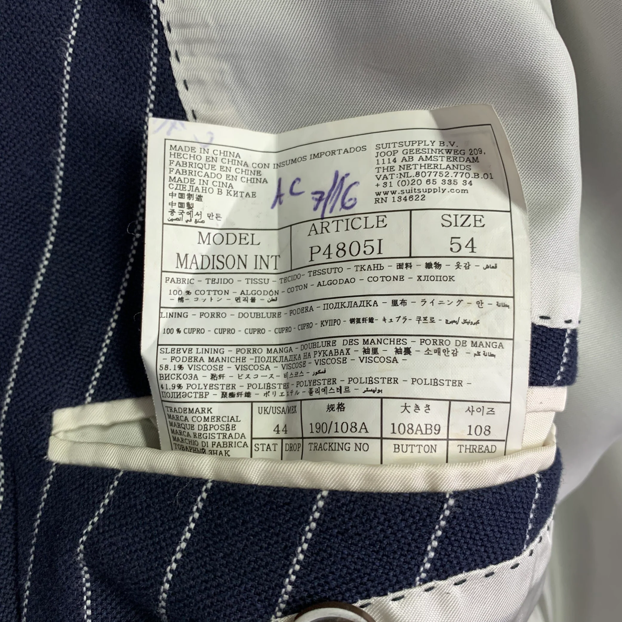 SUIT SUPPLY Chest Size 44 Navy White Pinstripe Cotton Double Breasted Sport Coat - Image 8