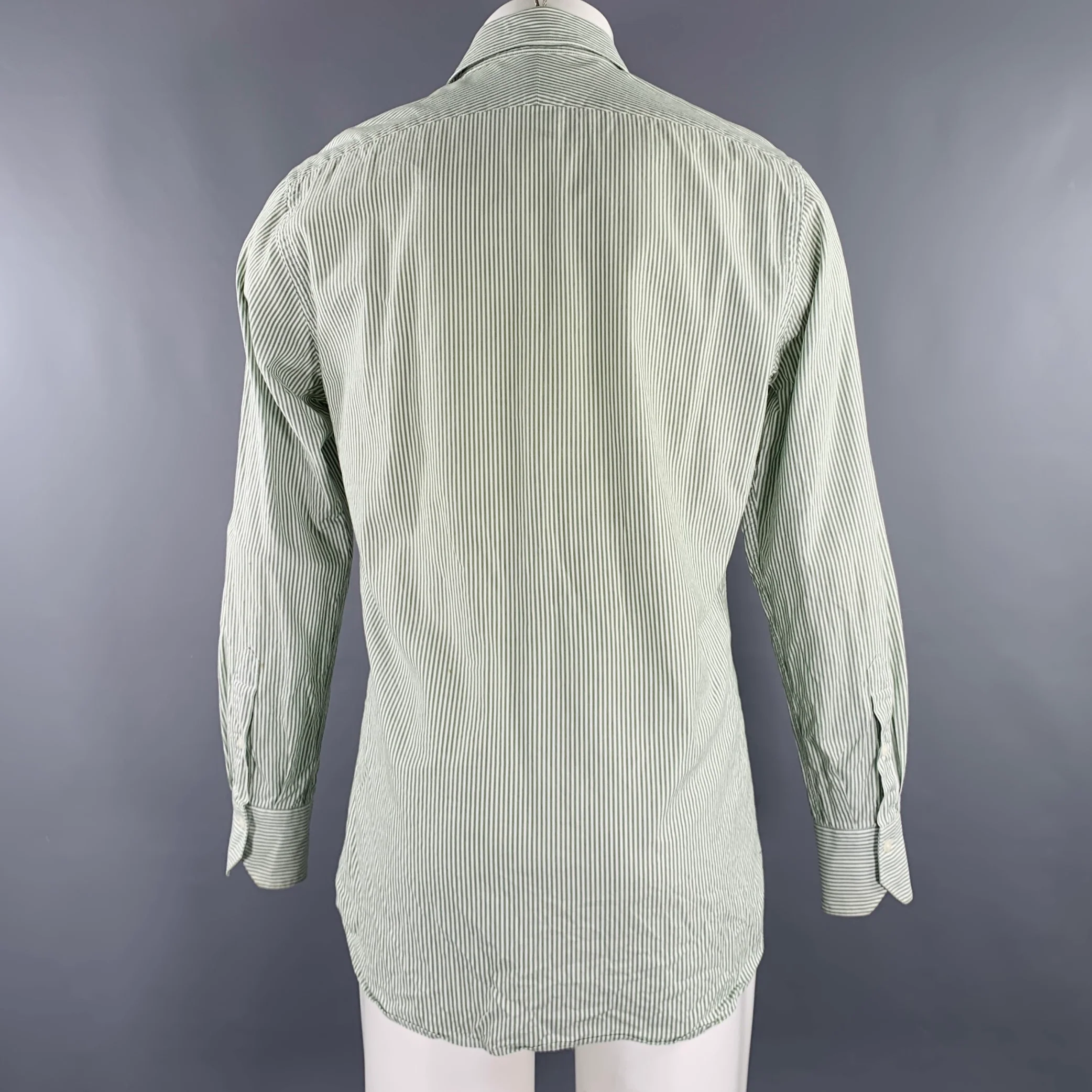 SUIT SUPPLY Size 40 Green White Stripe Cotton Spread Collar Long Sleeve Shirt - Image 4