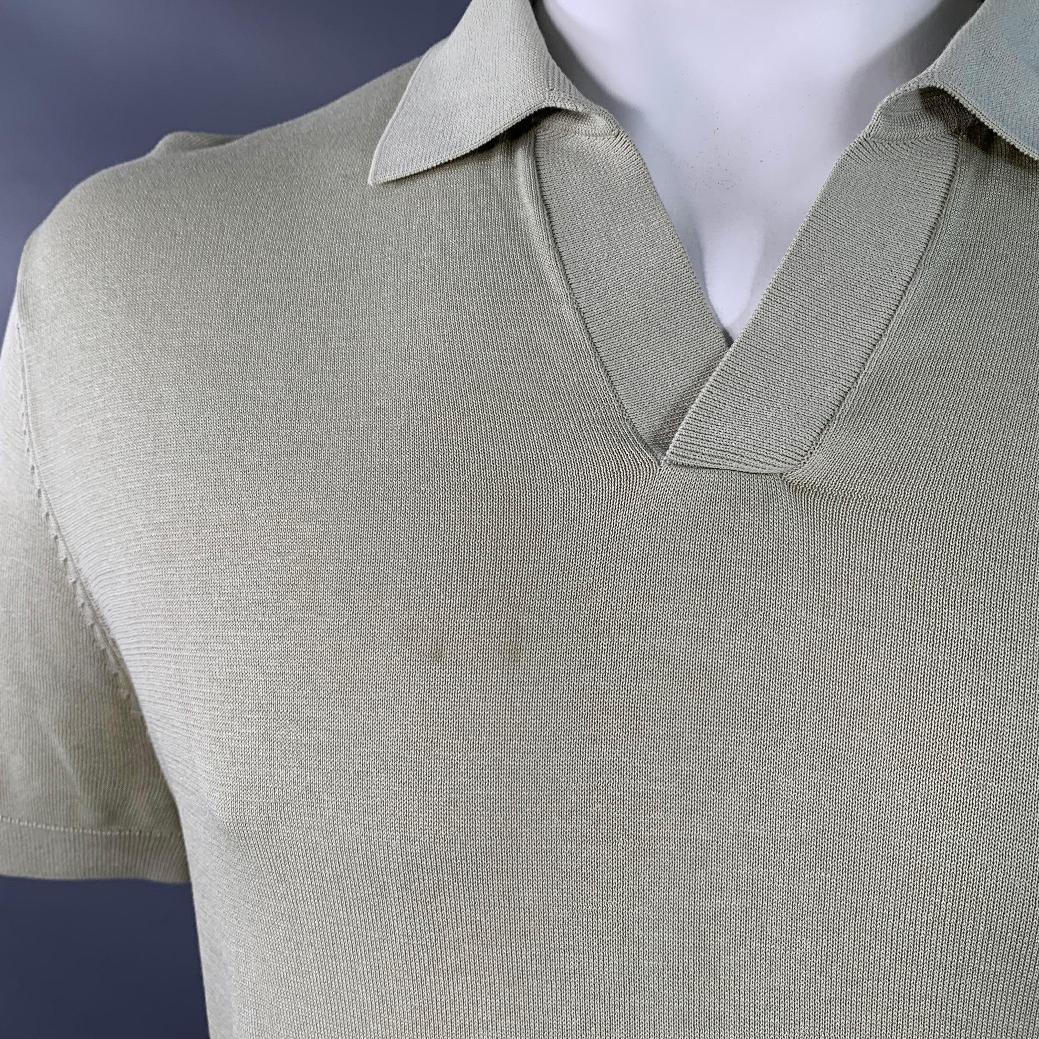 SUITSUPPLY Size L Green Sage Cotton Silk Half Placket Open Collar Polo - Image 4