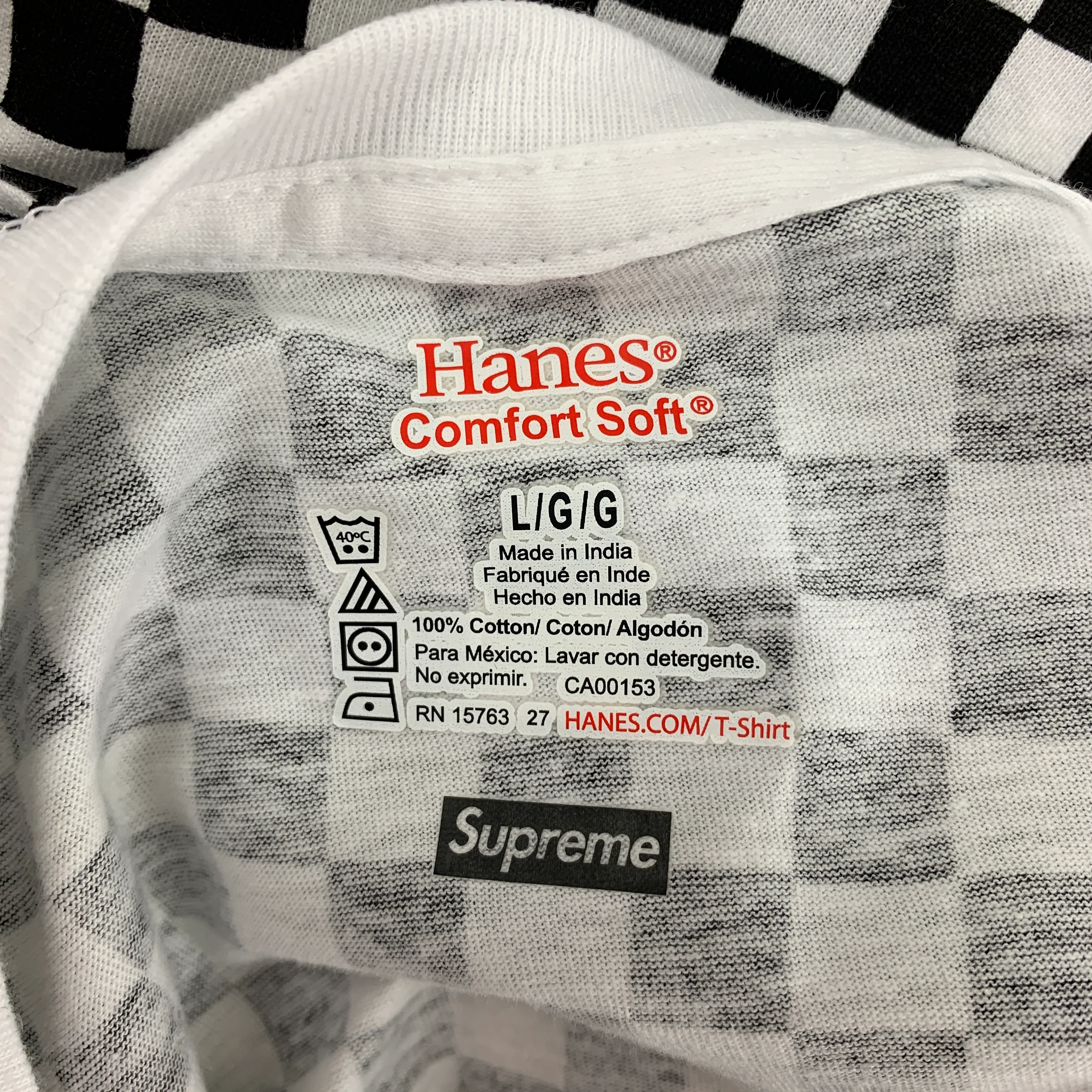 SUPREME x HANES Size L Black White Checkered Cotton T-shirt - Image 5