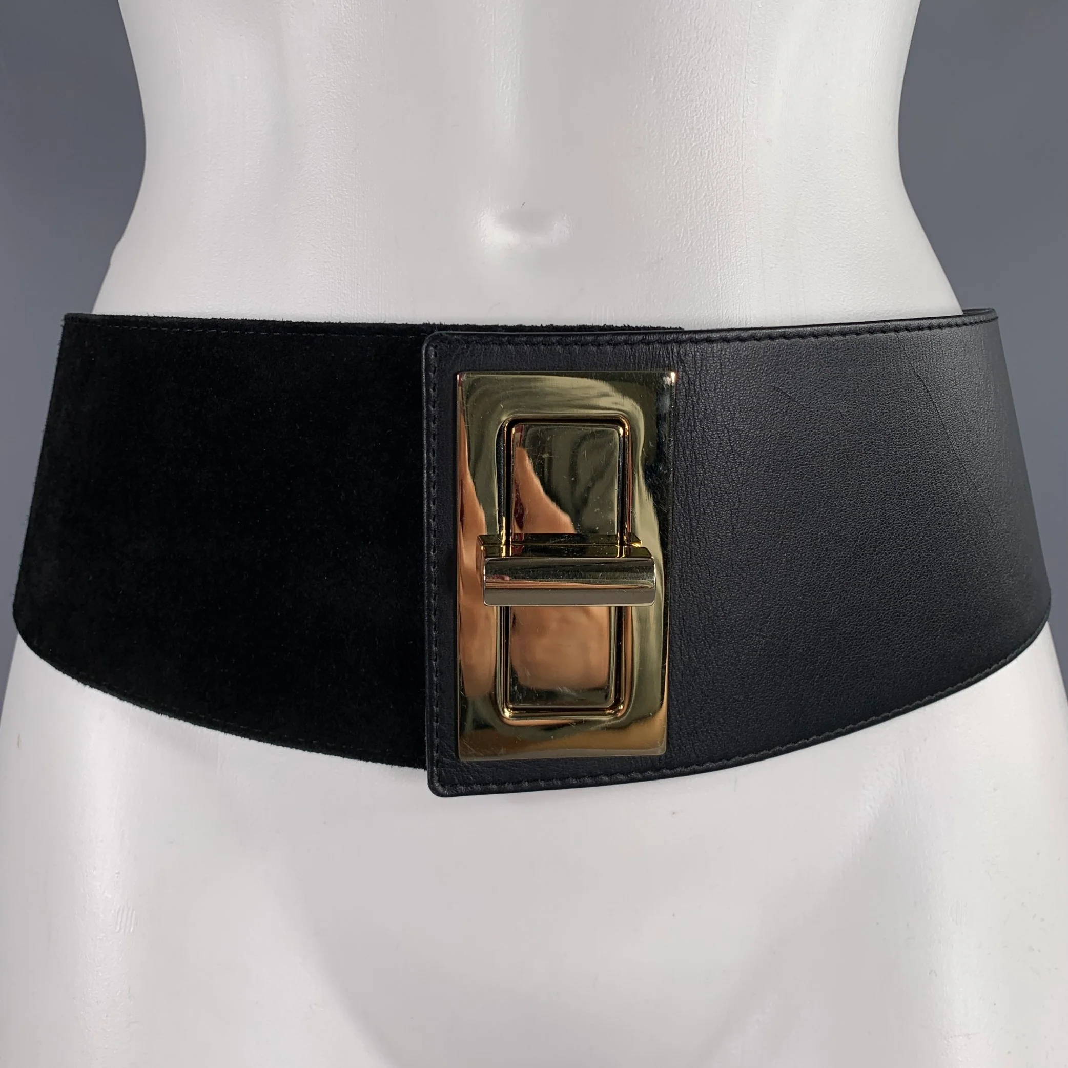 SUZI ROHER Waist Size S Black Gold Mixed Materials Suede Leather Stretch Belt - Image 7