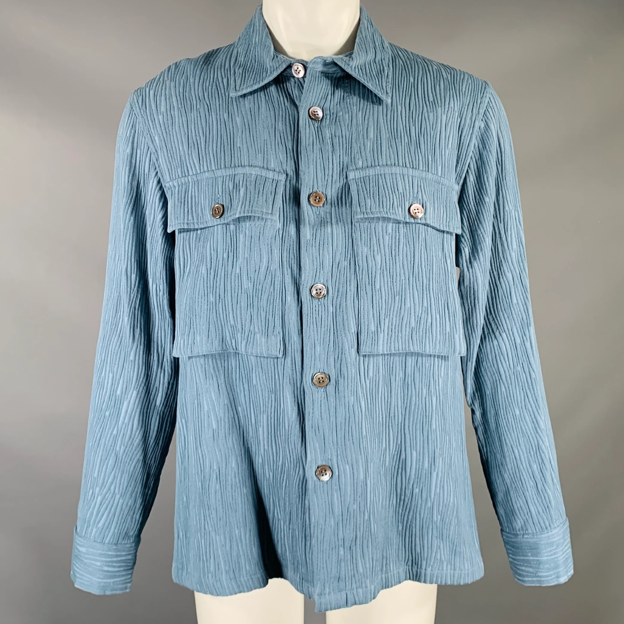 TAAKK Size M Blue Textured Wavy Lines Cotton Blend Worker Jacket