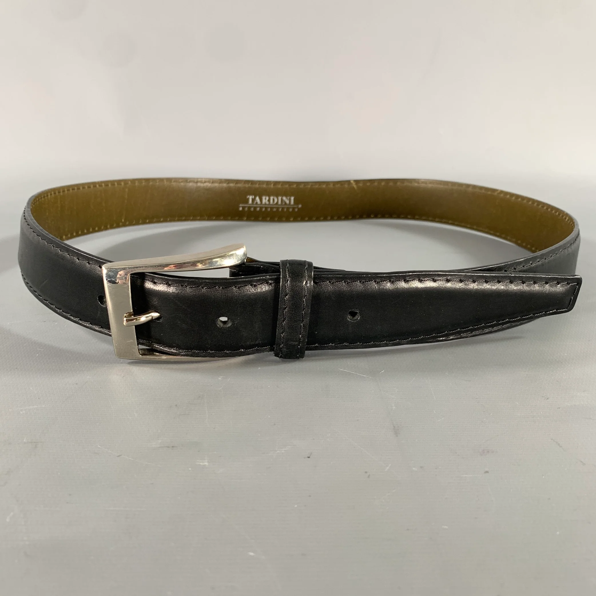 TARDINI Size 38 Black Crackled Leather Belt