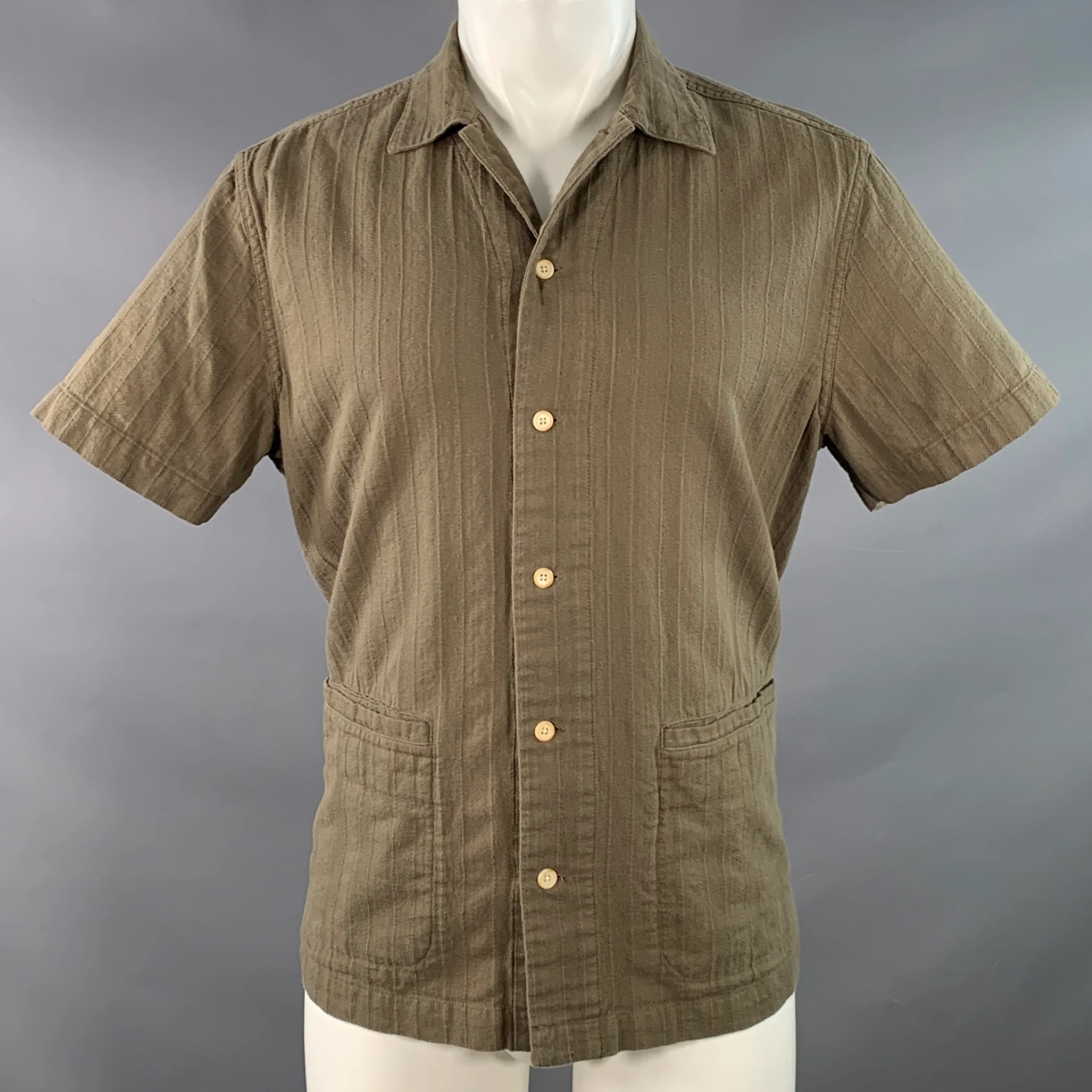 TAYLOR STITCH Size 40 Green Olive Stripe Organic Cotton Short Sleeve Shirt