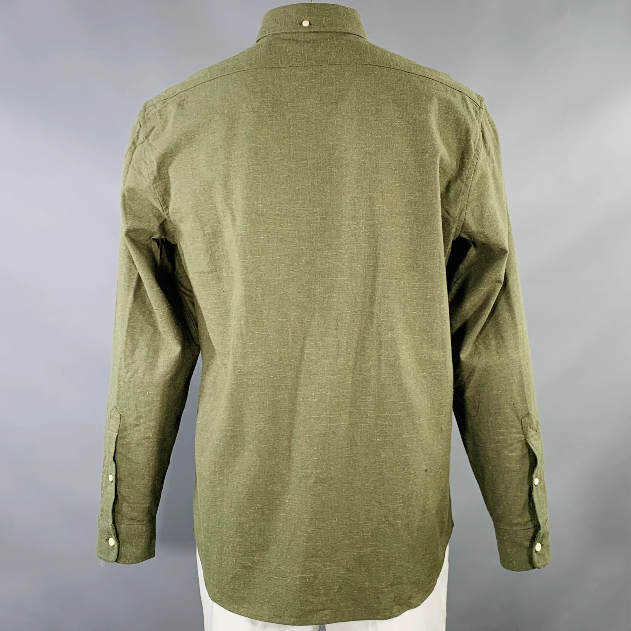 TAYLOR STITCH Size 44 The Jack Green Textured Cotton Wool One Pocket Long Sleeve Shirt - Image 3