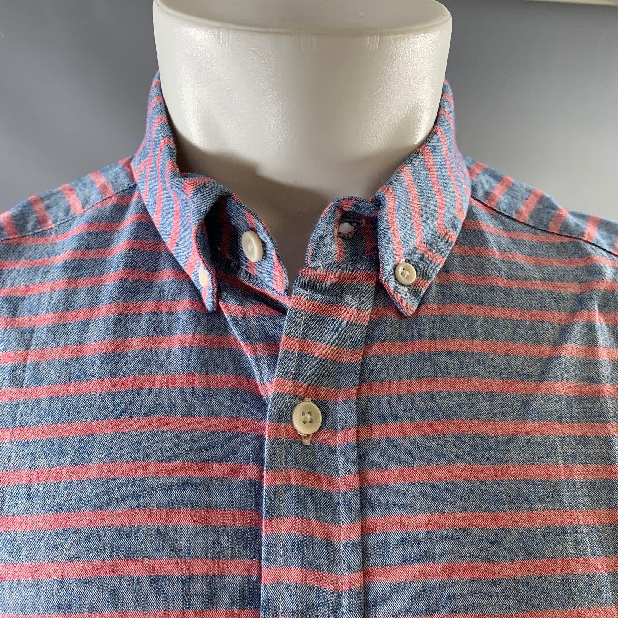 TAYLOR STITCH Size M Blue Red Stripe Cotton Button Down Short Sleeve Shirt - Image 2