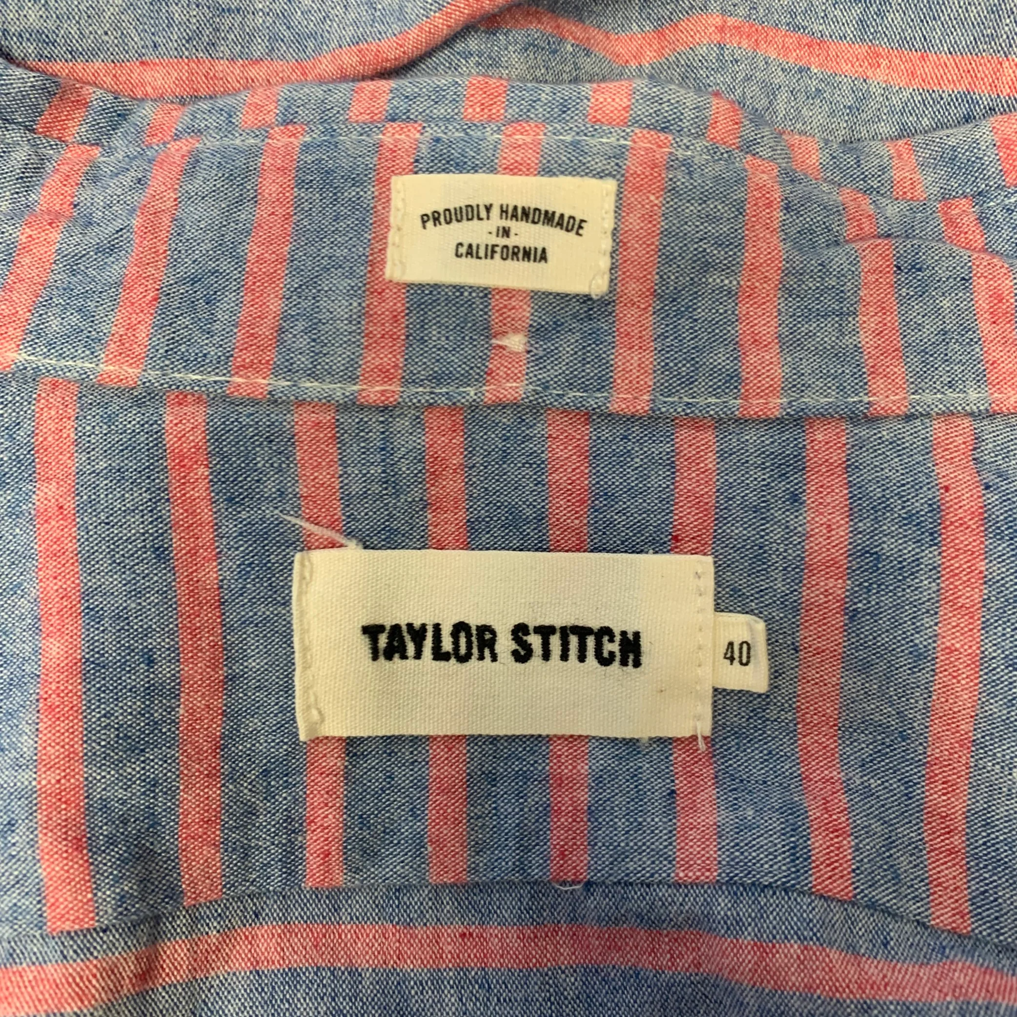 TAYLOR STITCH Size M Blue Red Stripe Cotton Button Down Short Sleeve Shirt - Image 5