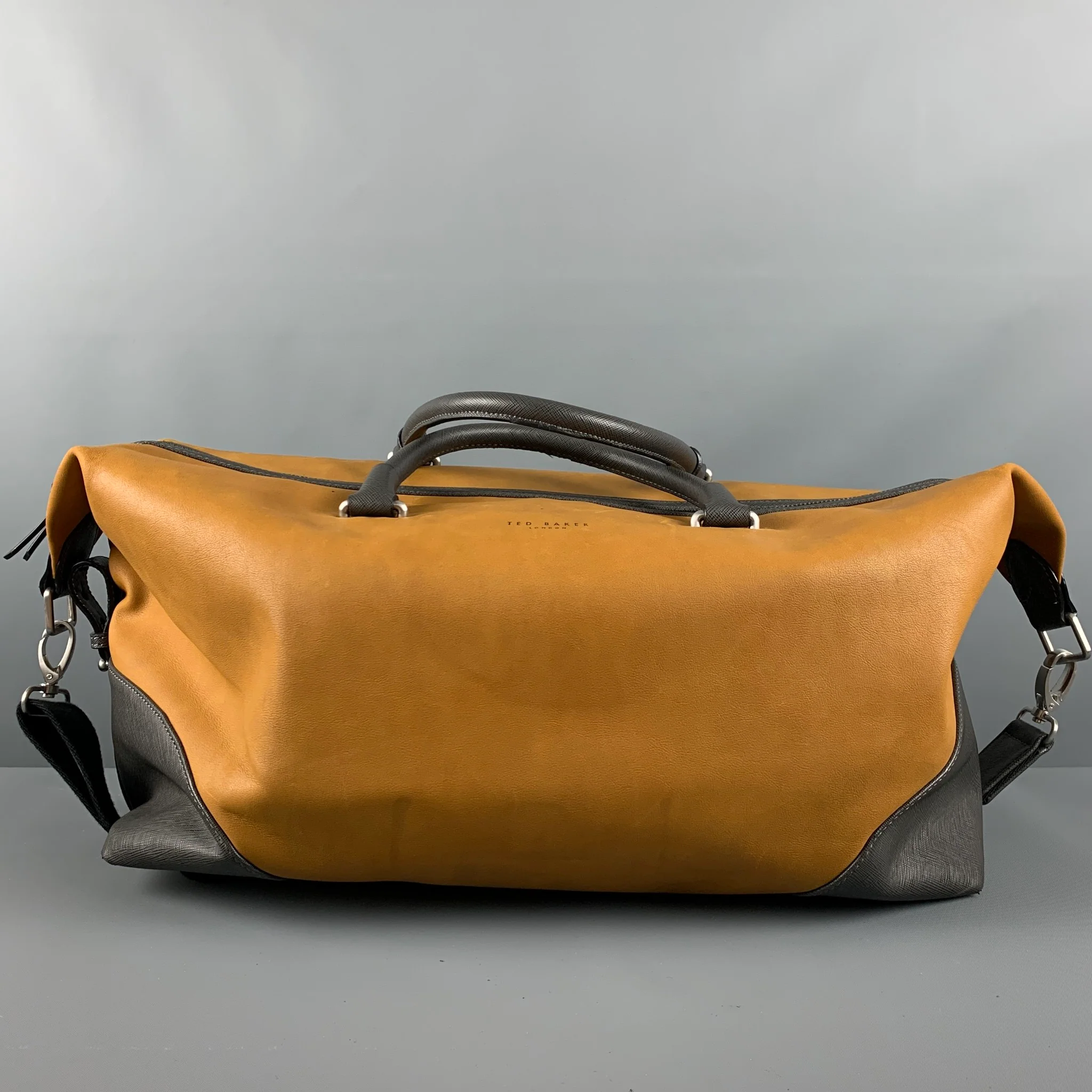 TED BAKER Beige Taupe Color Block Leather Overnight Bags