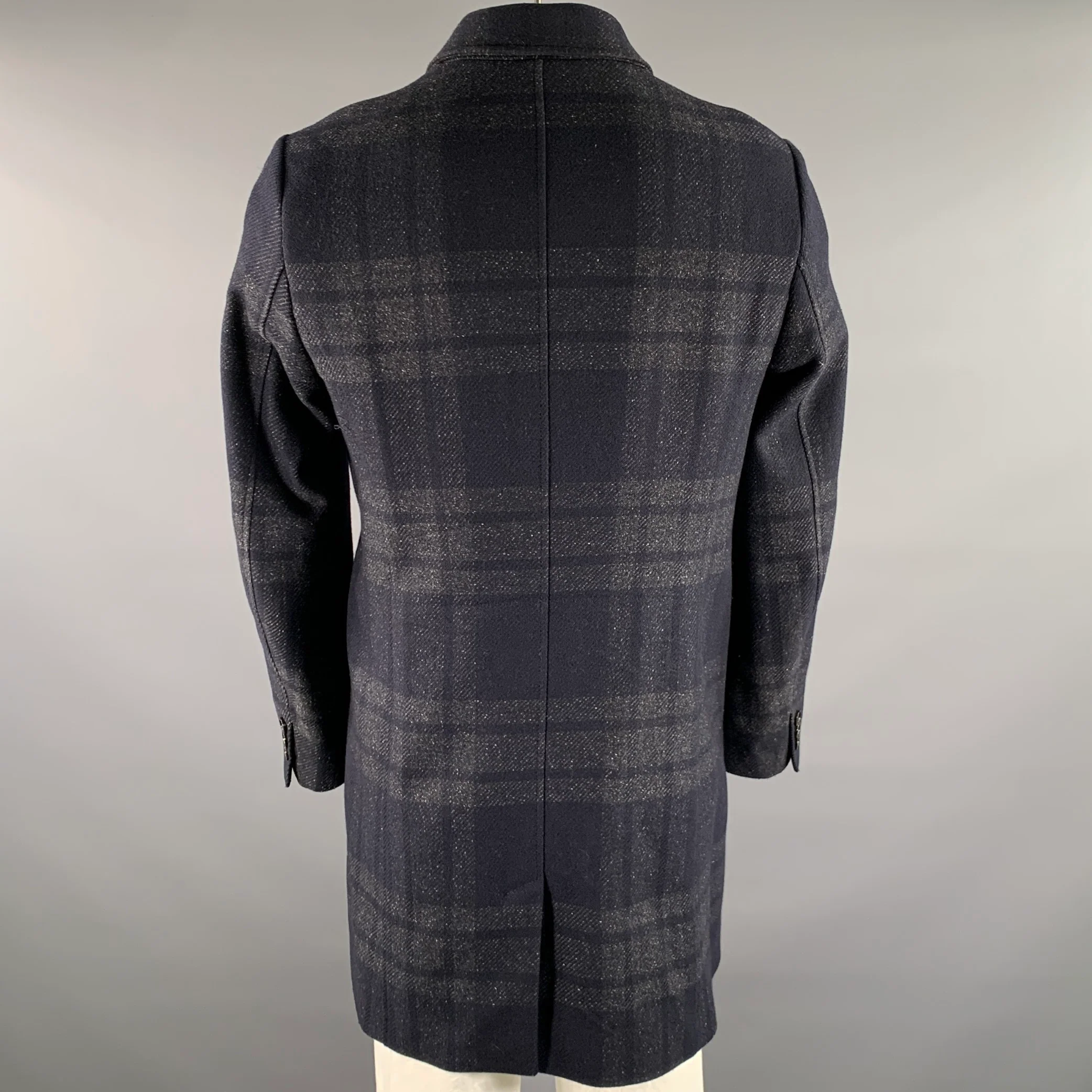 TED BAKER Chest Size L Navy Grey Plaid Wool Blend Car Coat Coat - Image 4