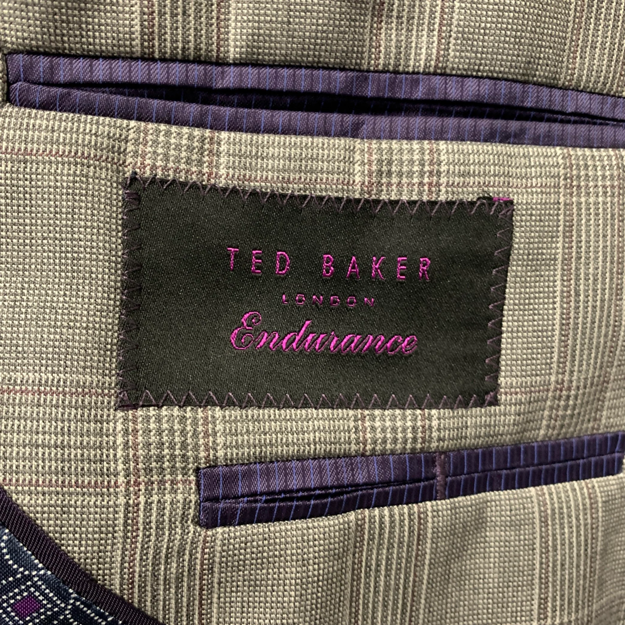 TED BAKER Grey Burgundy Plaid Wool Notch Lapel Sport Coat - Image 6