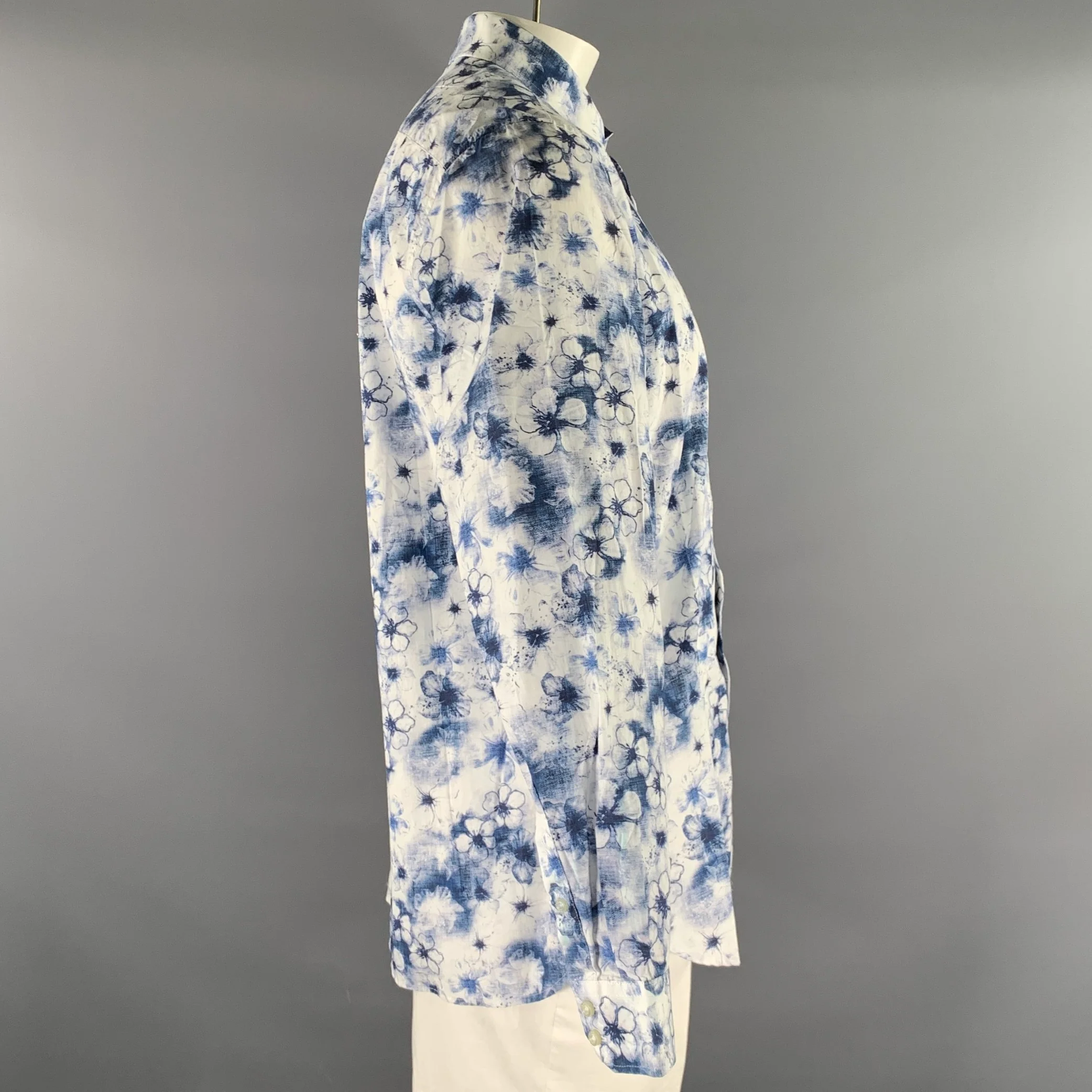 TED BAKER Size L Blue White Floral Cotton Button Up Long Sleeve Shirt - Image 2