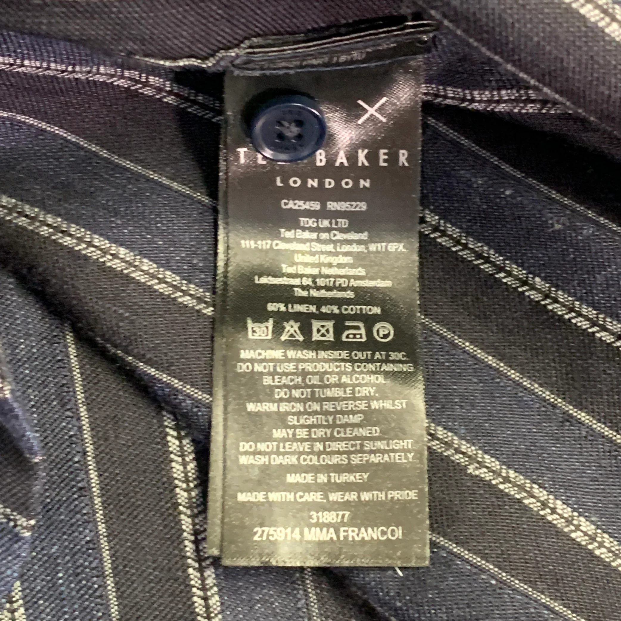 TED BAKER Size L Francoi Navy Black Stripe Linen Cotton Relaxed Camp Short Sleeve Shirt - Image 6