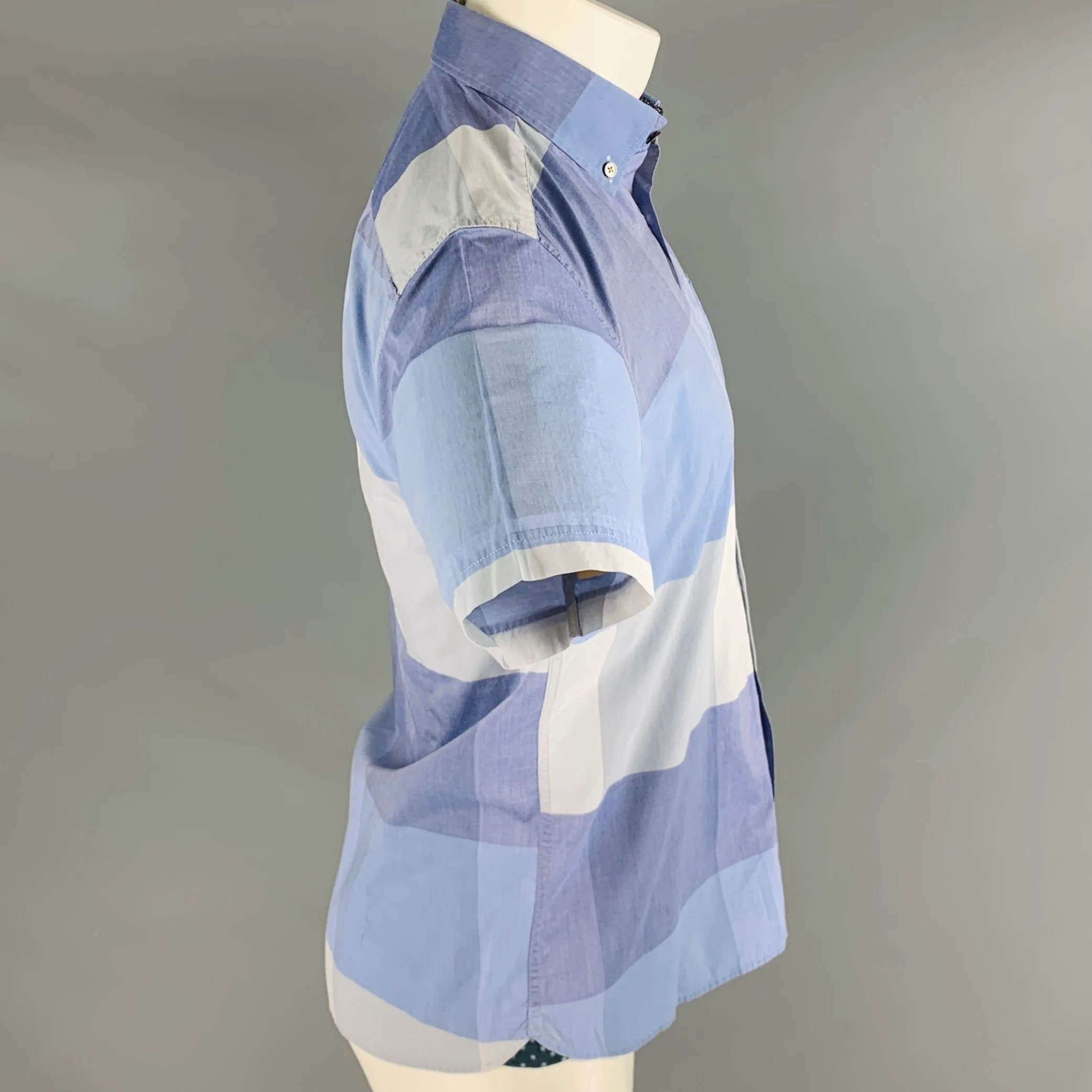 TED BAKER Size M Blue Light Blue Checkered Cotton One Pocket Short Sleeve Shirt - Image 3