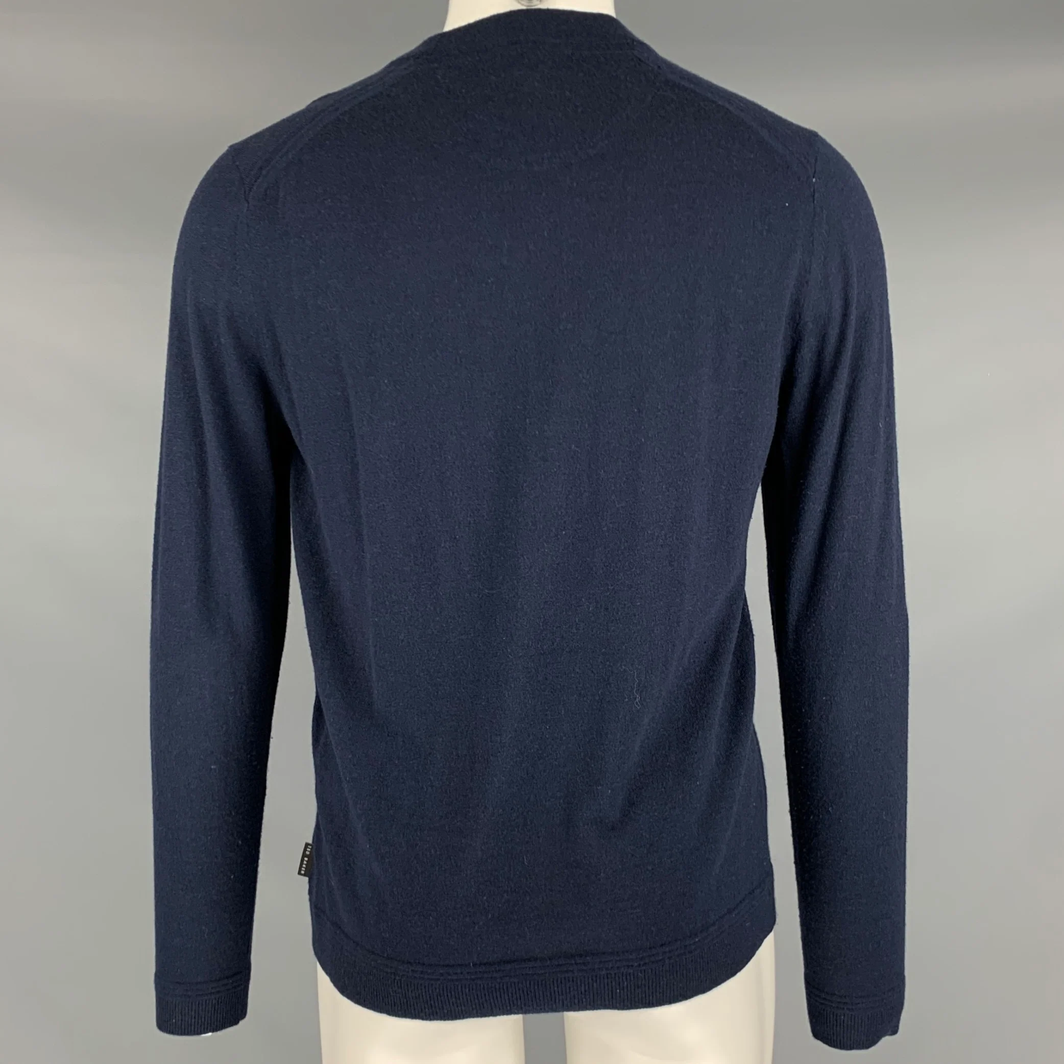 TED BAKER Size M Navy Knit Wool Blend V-Neck Pullover - Image 3