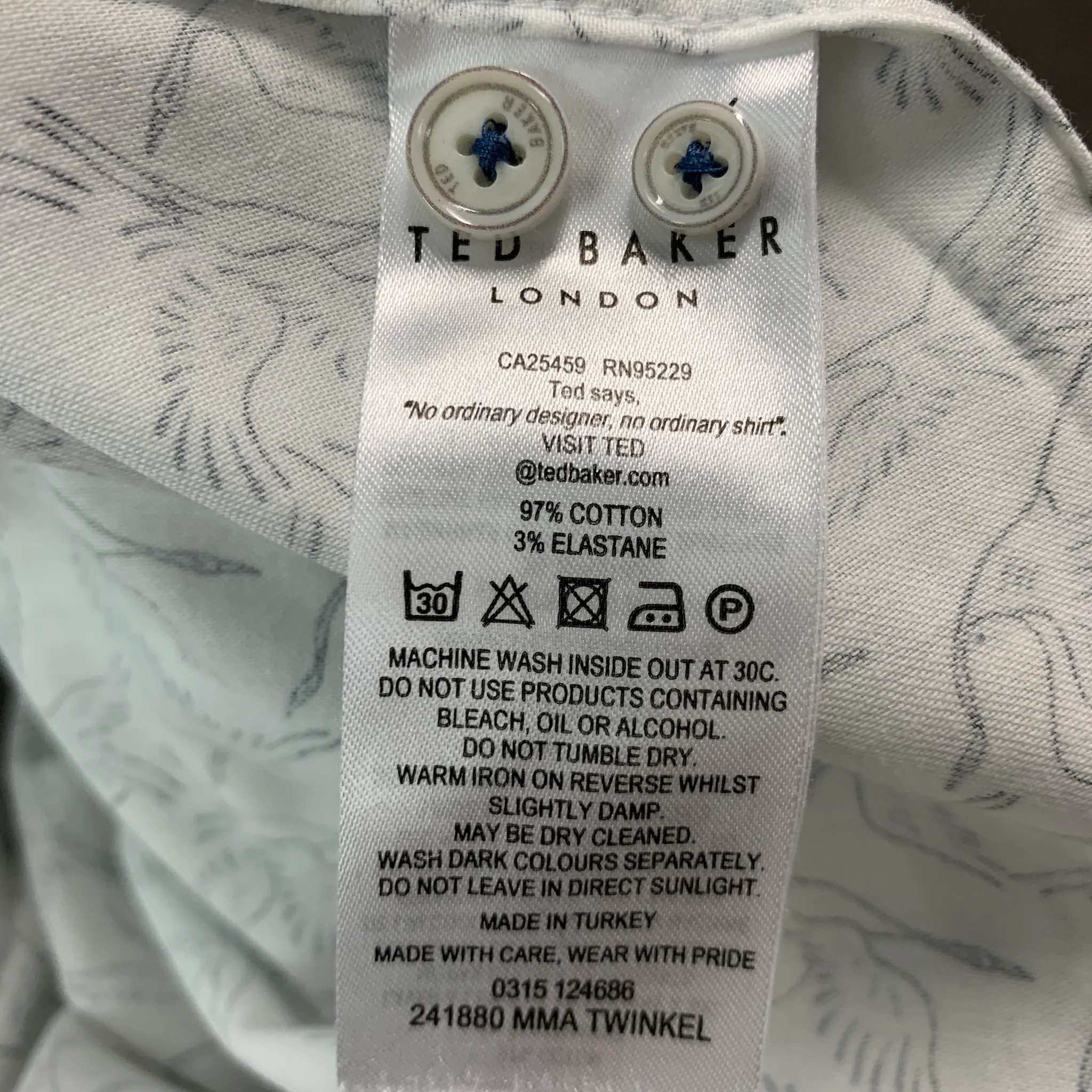 TED BAKER Size M White Blue Birds Cotton Elastane Long Sleeve Shirt - Image 7