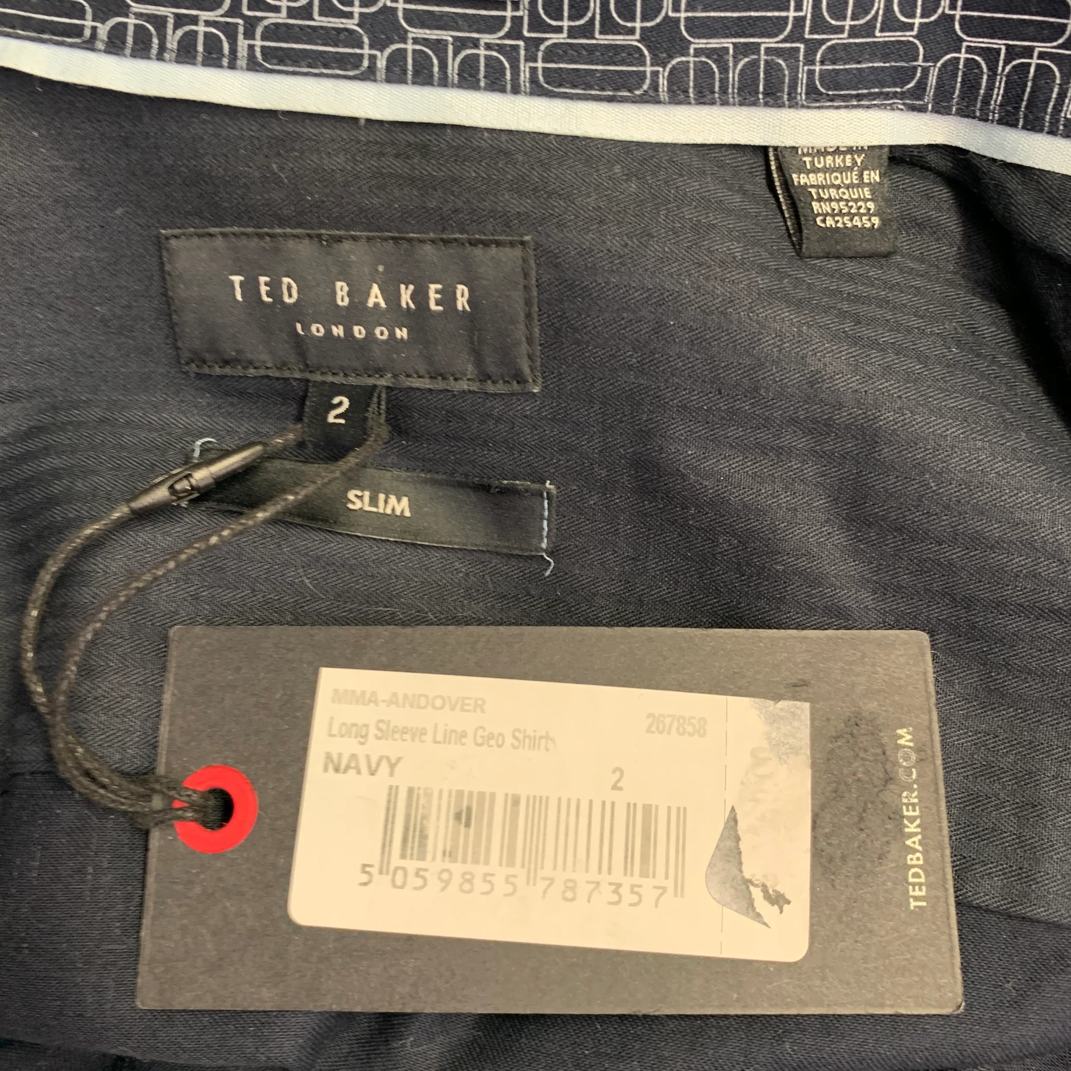 TED BAKER Size S Andover Navy White Geometric Cotton Blend Slim Fit Long Sleeve Shirt - Image 5
