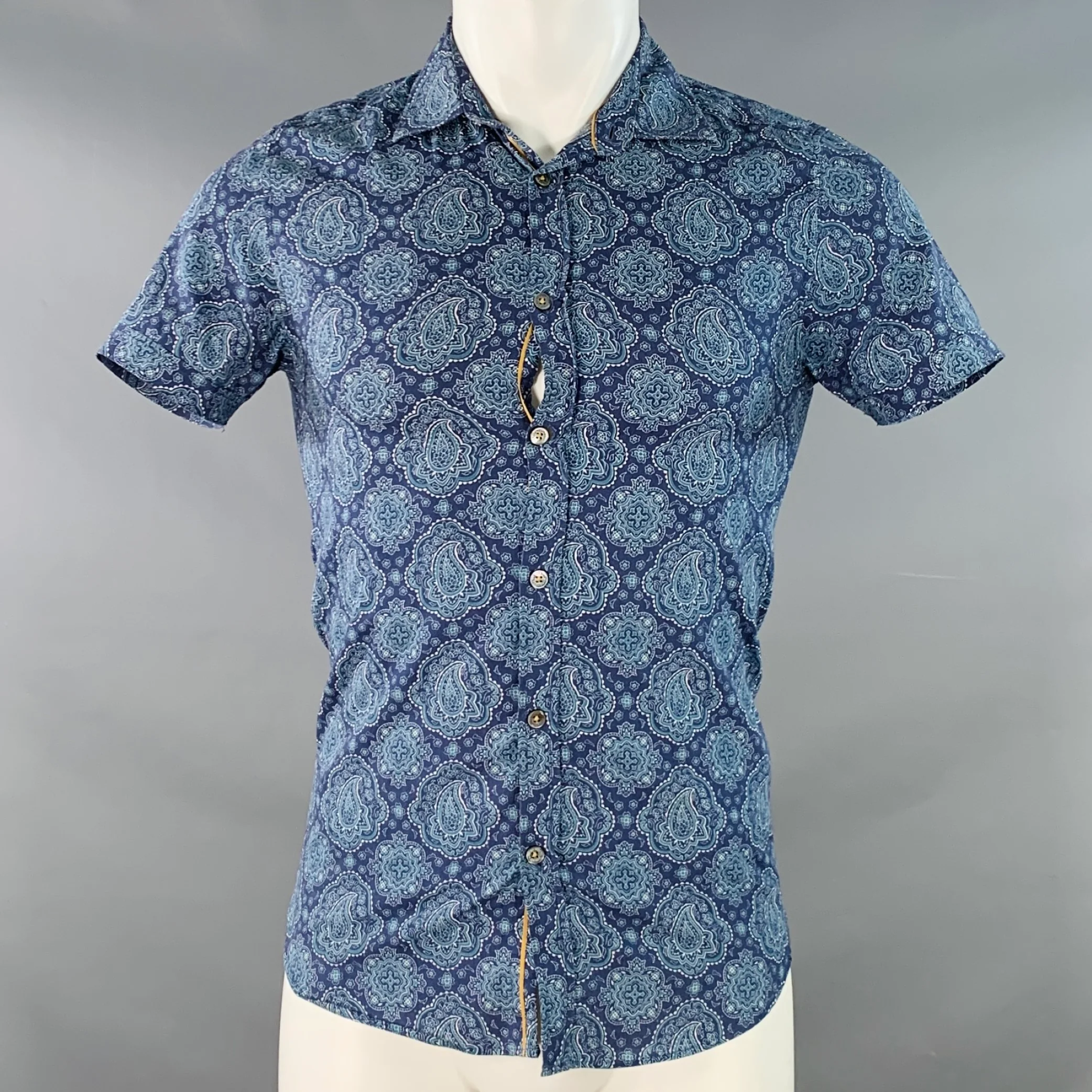 TED BAKER Size XS Bcrumbs Navy Green Paisley Cotton Spread Collar Short Sleeve Shirt