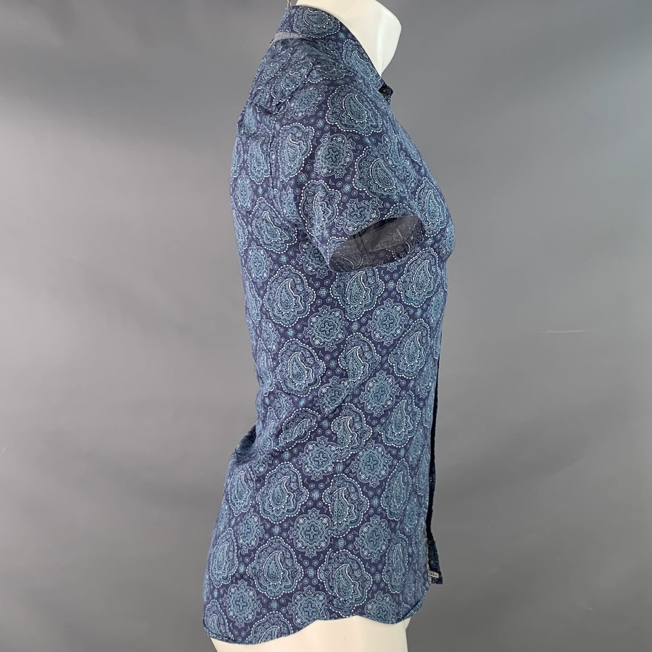 TED BAKER Size XS Bcrumbs Navy Green Paisley Cotton Spread Collar Short Sleeve Shirt - Image 3