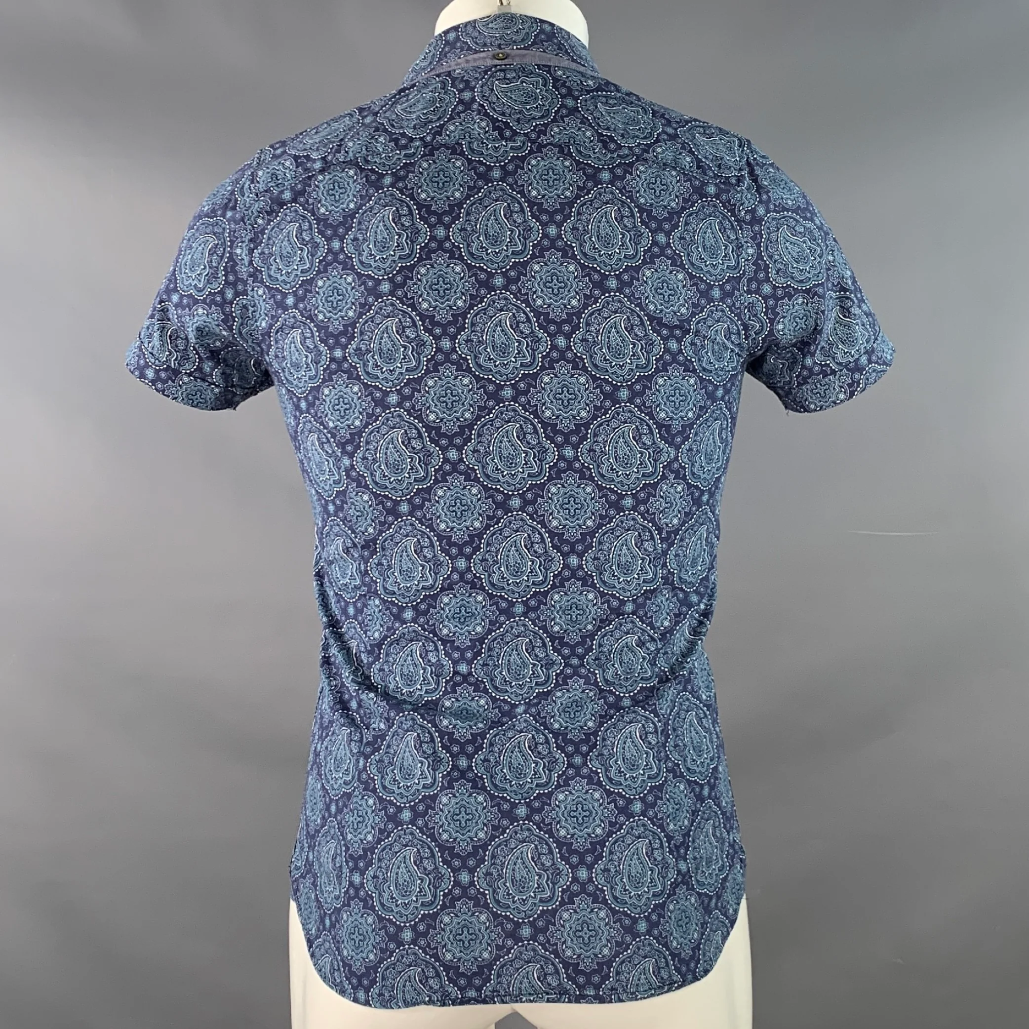 TED BAKER Size XS Bcrumbs Navy Green Paisley Cotton Spread Collar Short Sleeve Shirt - Image 4