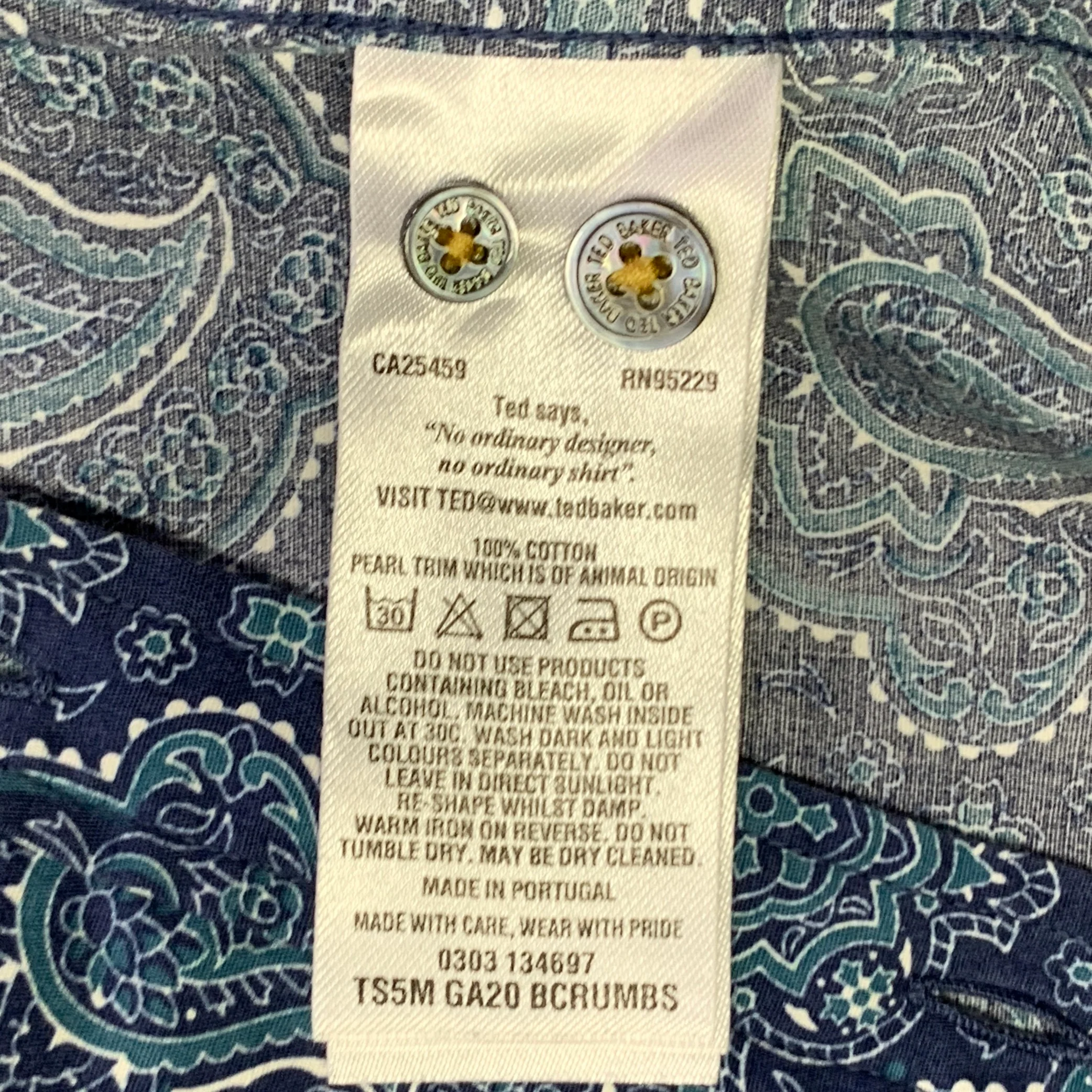 TED BAKER Size XS Bcrumbs Navy Green Paisley Cotton Spread Collar Short Sleeve Shirt - Image 6