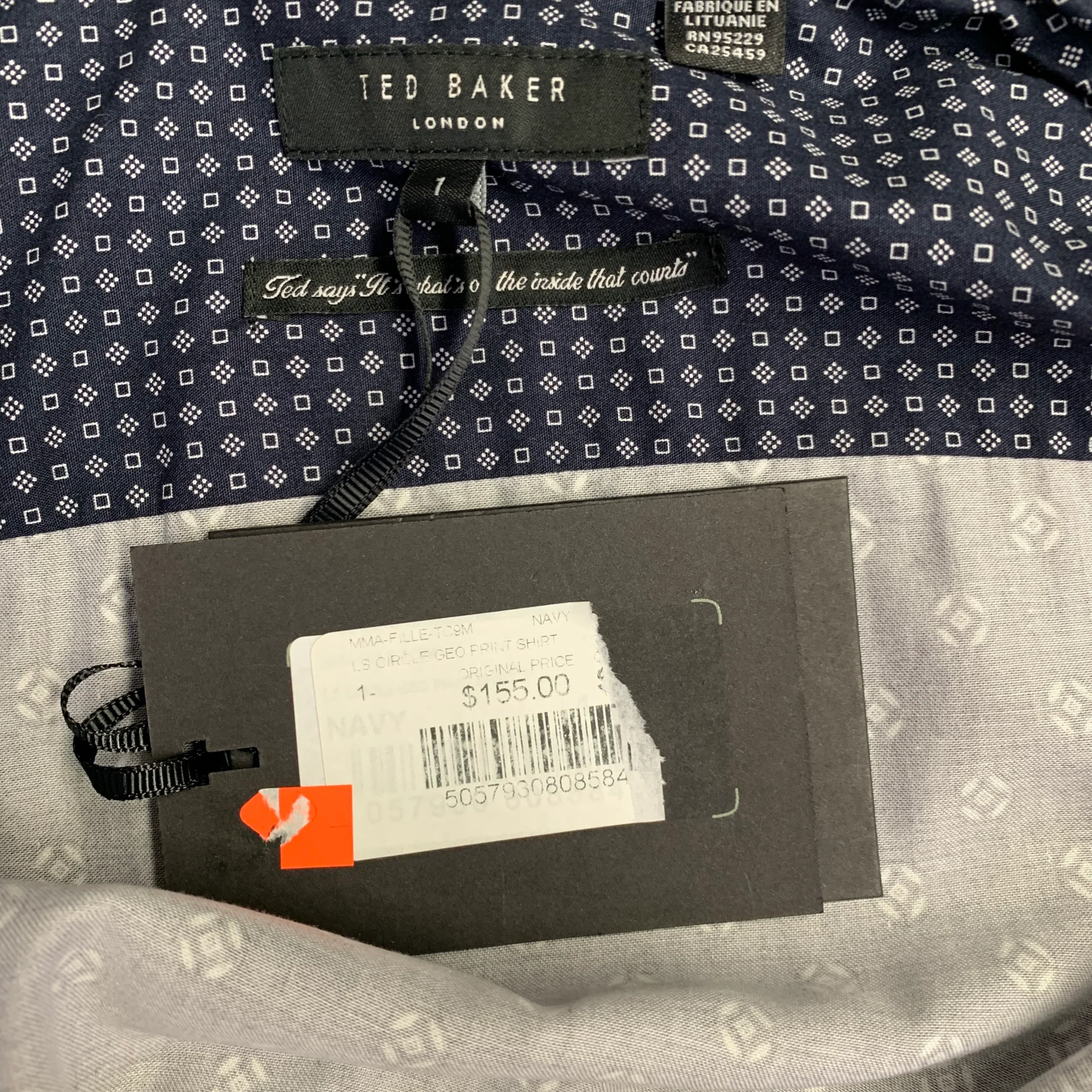 TED BAKER Size XS Fille Navy White Circles Cotton Spread Collar Long Sleeve Shirt - Image 5