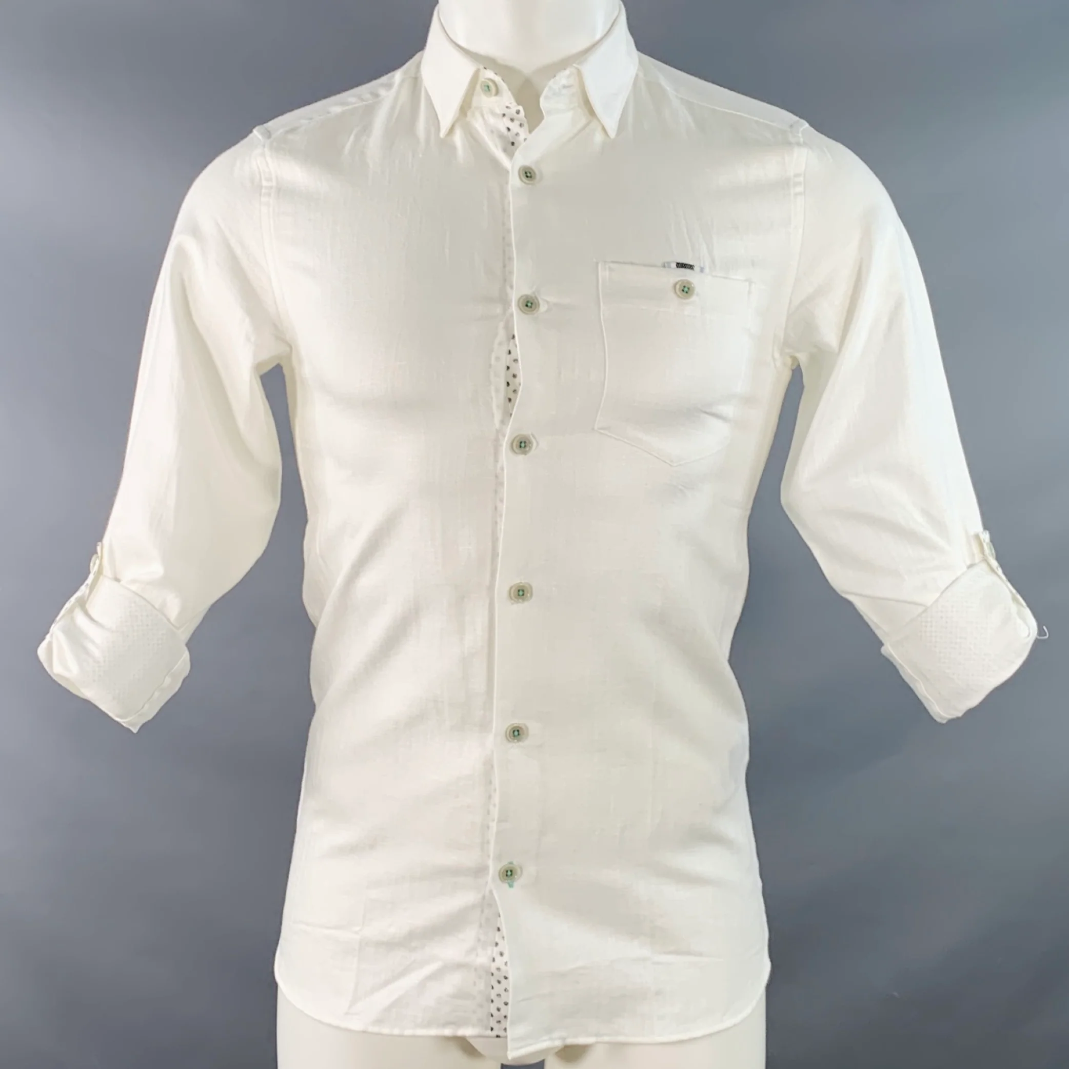TED BAKER Size XS Jaames White Herringbone Cotton Linen One Pocket Roll Tab Long Sleeve Shirt - Image 2