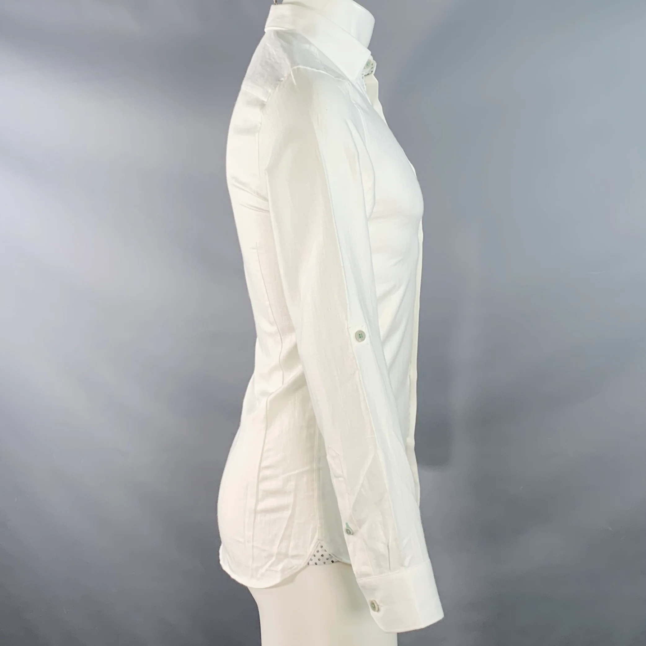 TED BAKER Size XS Jaames White Herringbone Cotton Linen One Pocket Roll Tab Long Sleeve Shirt - Image 5