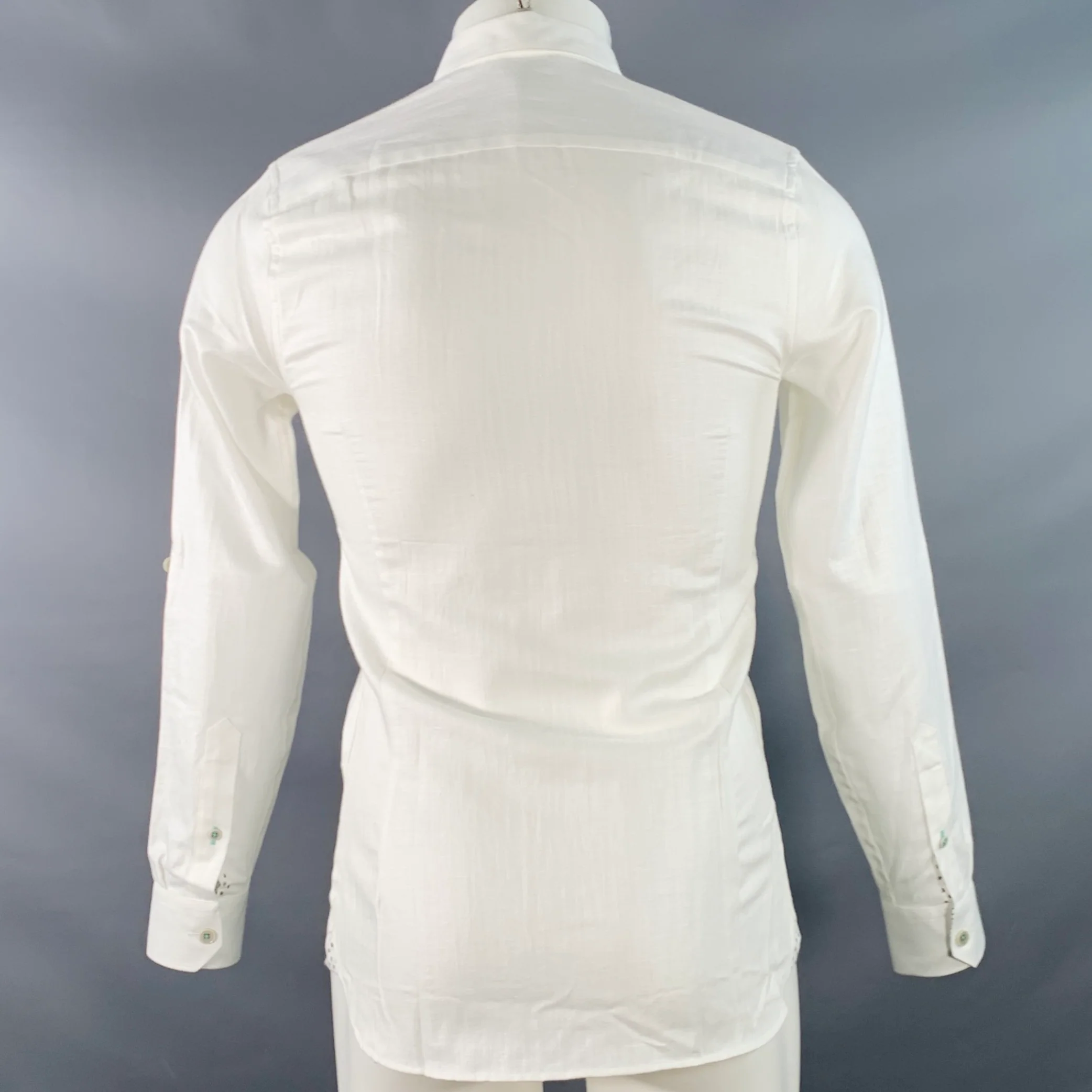 TED BAKER Size XS Jaames White Herringbone Cotton Linen One Pocket Roll Tab Long Sleeve Shirt - Image 6