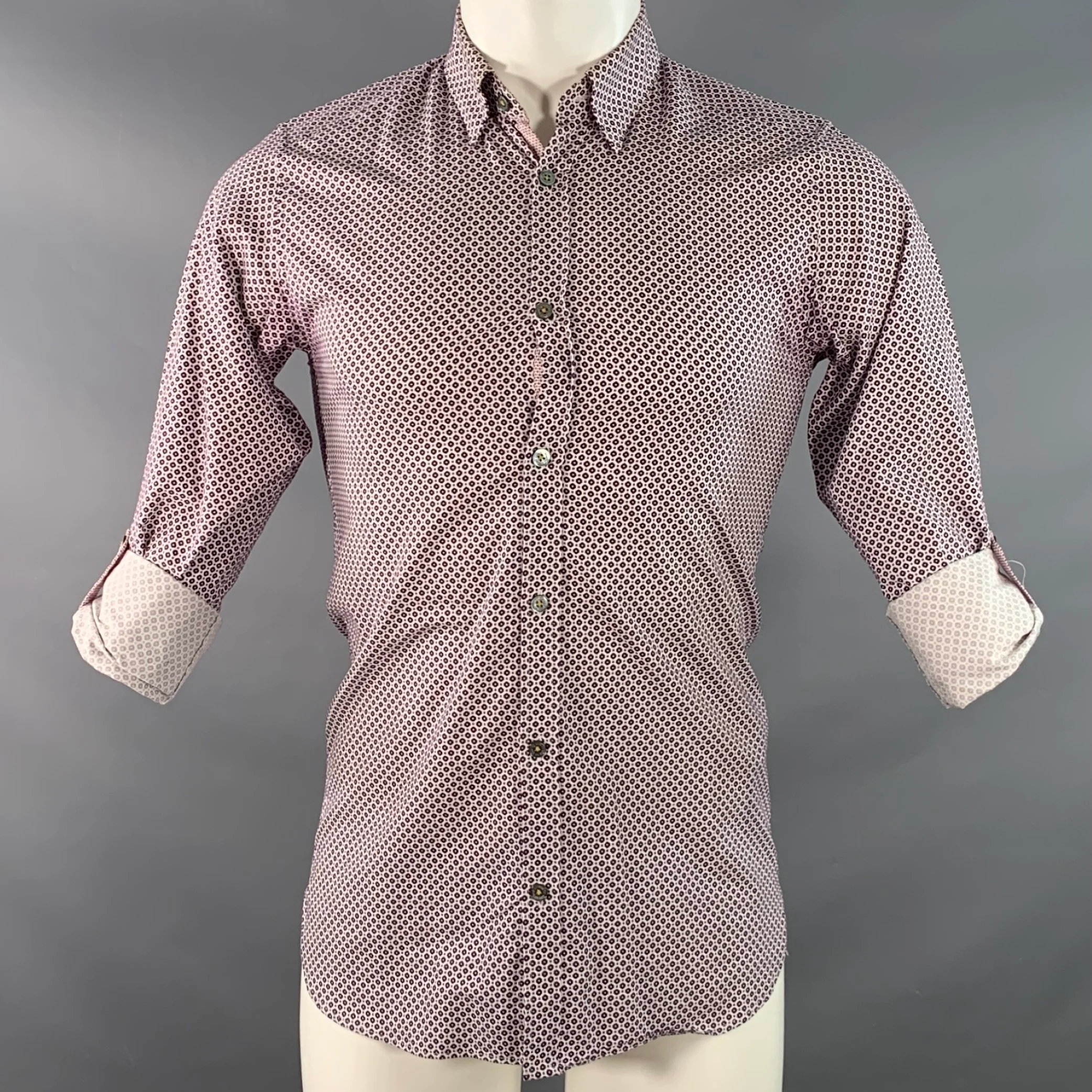 TED BAKER Size XS Nugate Burgundy White Abstract Floral Cotton Roll Tab Long Sleeve Shirt - Image 2