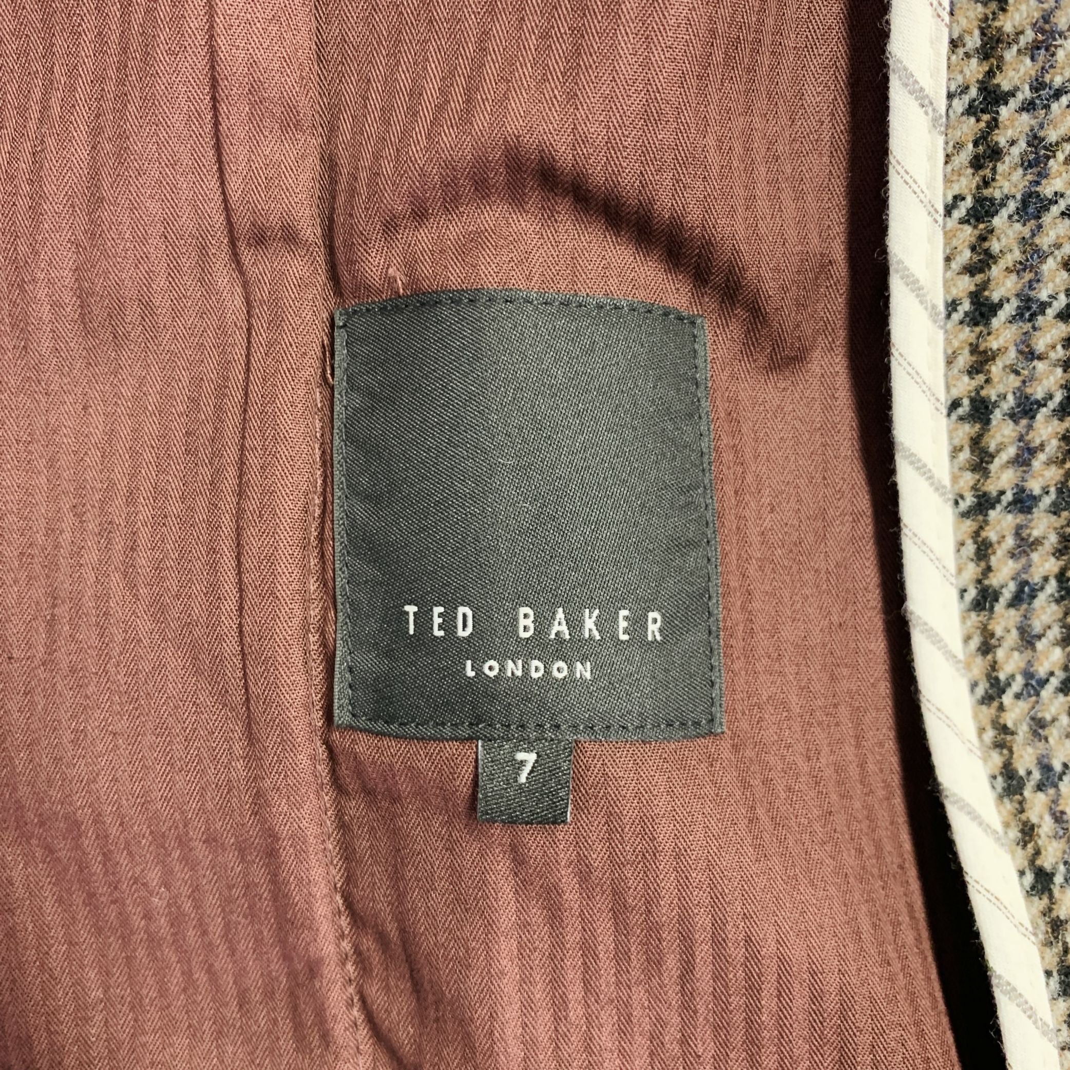 TED BAKER Size XXXL Brown Navy Plaid Wool Blend Belted Coat - Image 6