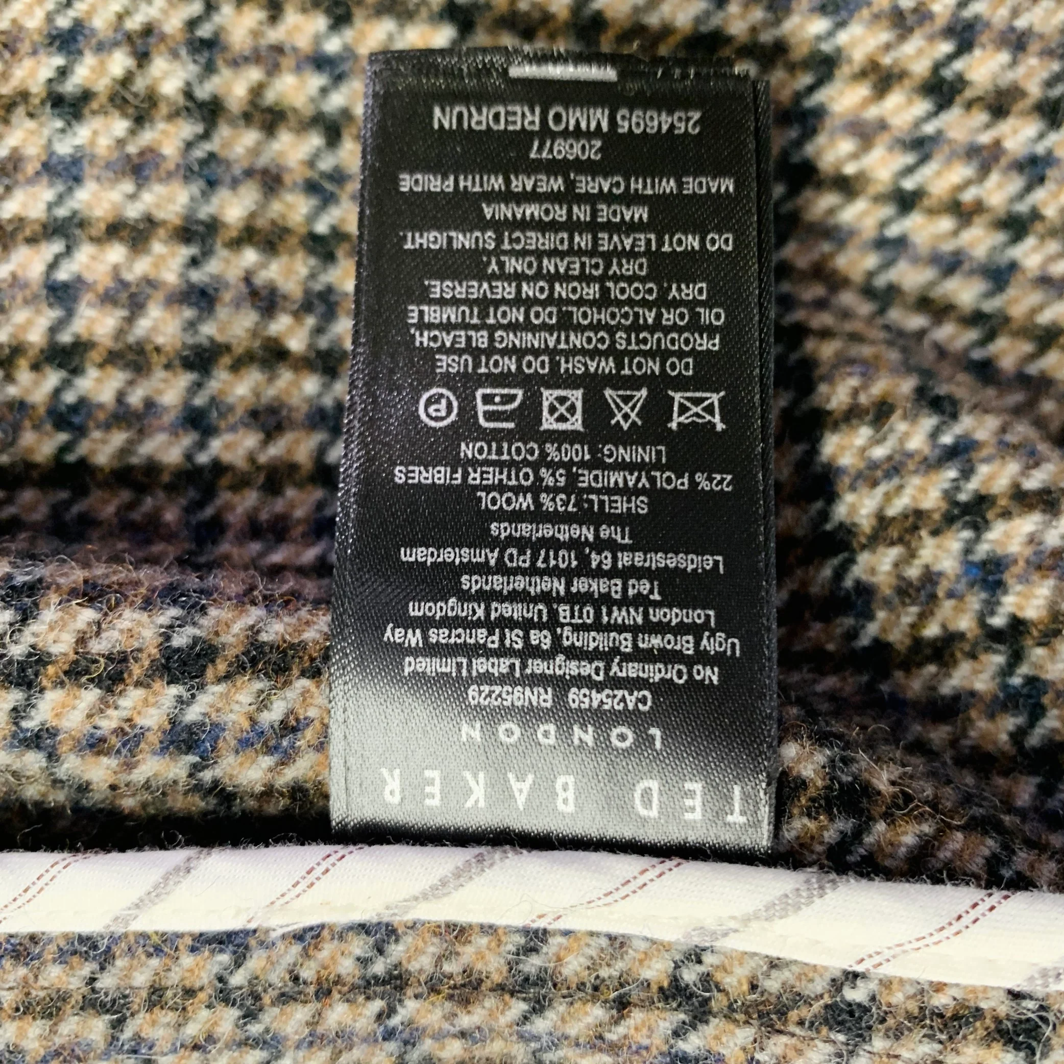 TED BAKER Size XXXL Brown Navy Plaid Wool Blend Belted Coat - Image 7