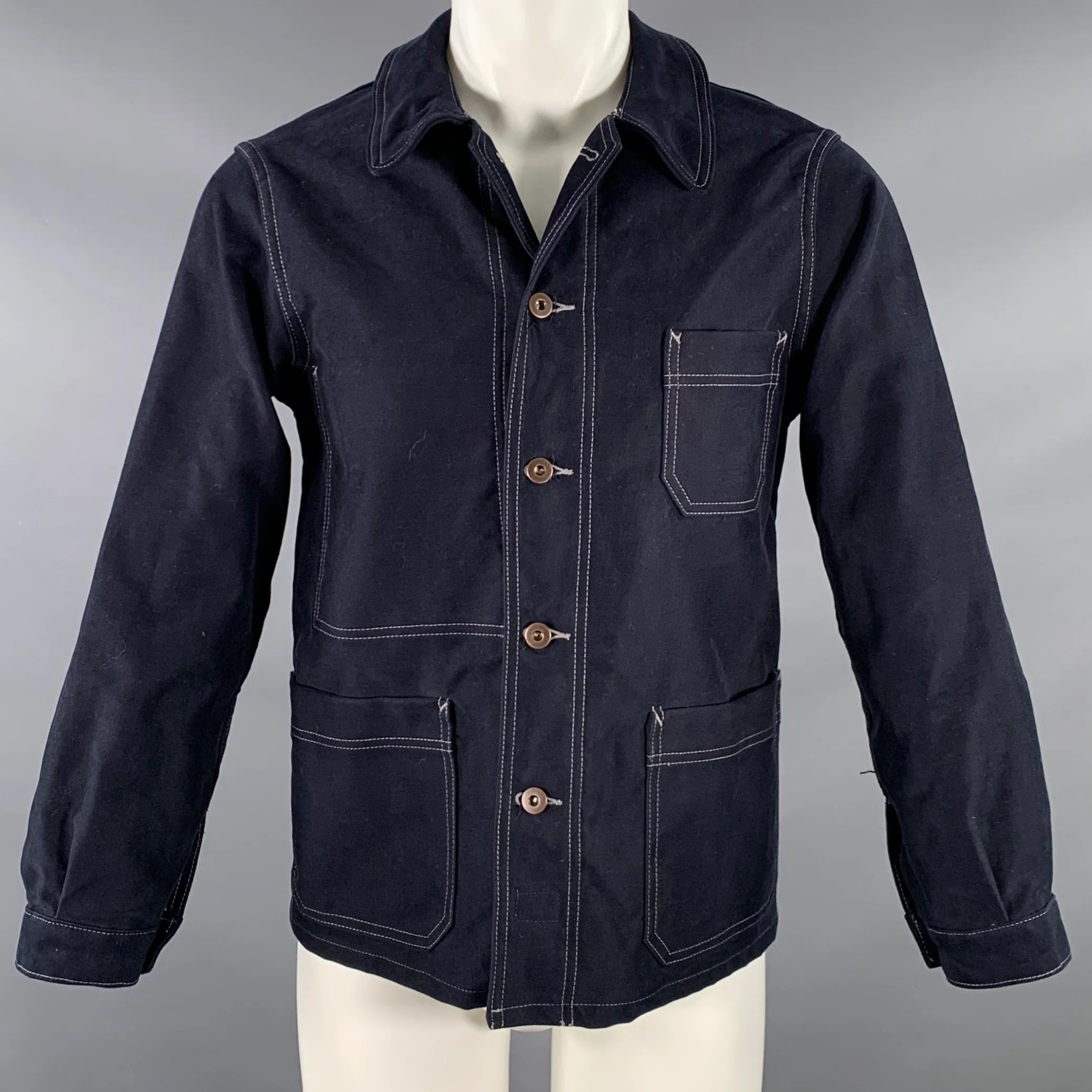 TELLASON Size S Grayford Moleskin Indigo Contrast Stitch Cotton Button Up Jacket