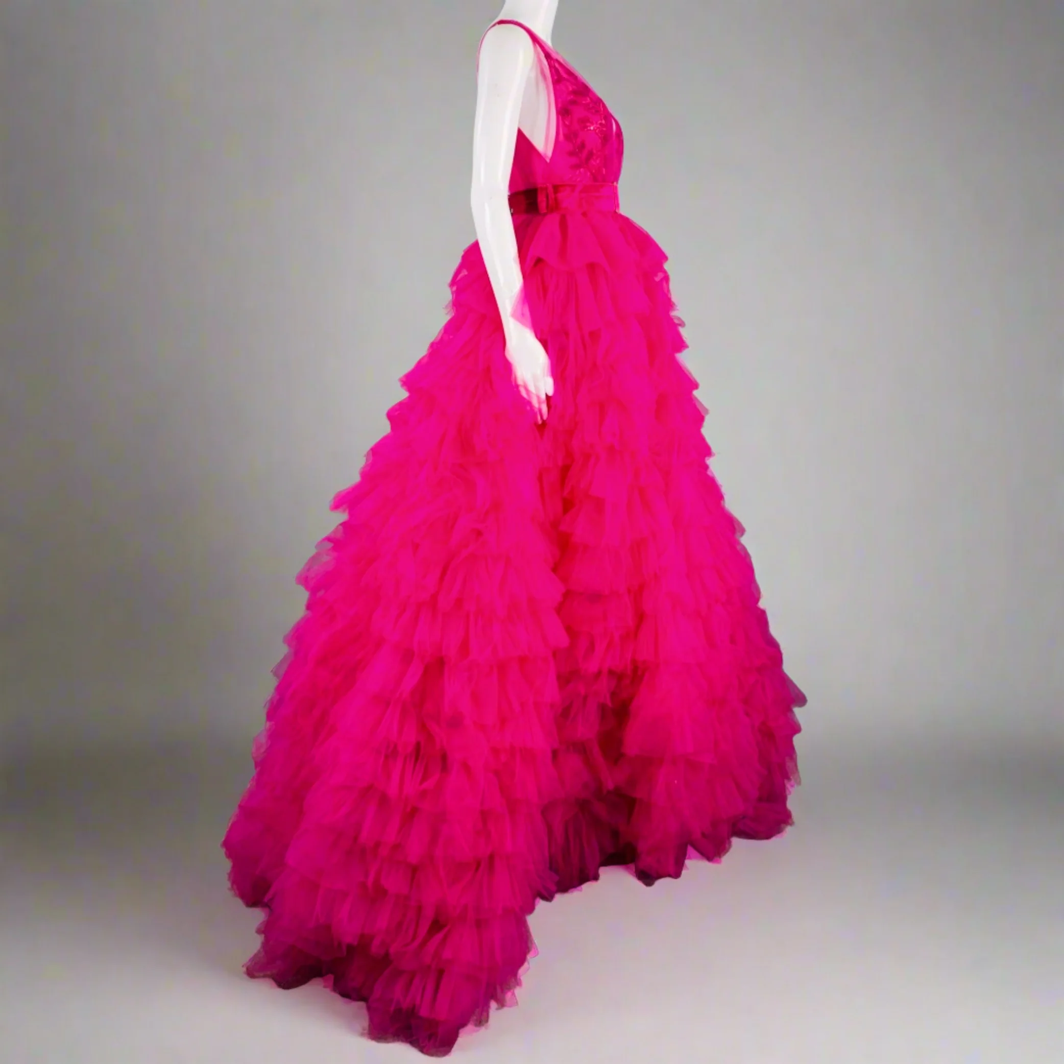 TEUTA MATOSHI Size S Purple Fuchsia Tulle Ruffled Sleeveless Gown - Image 3