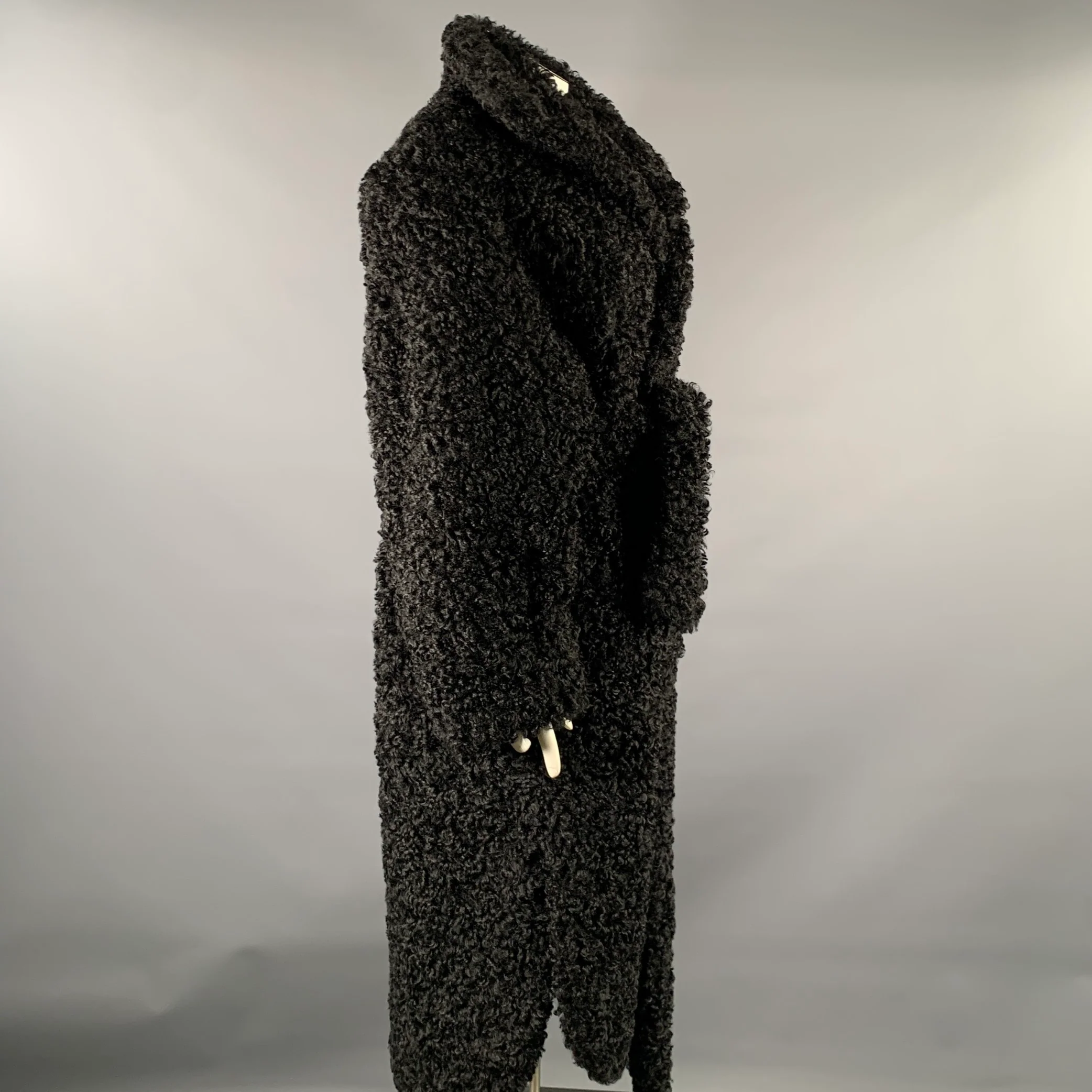 THE FRANKIE SHOP Size L Black Polyester Textured Faux Fur Belted Coat - Image 2