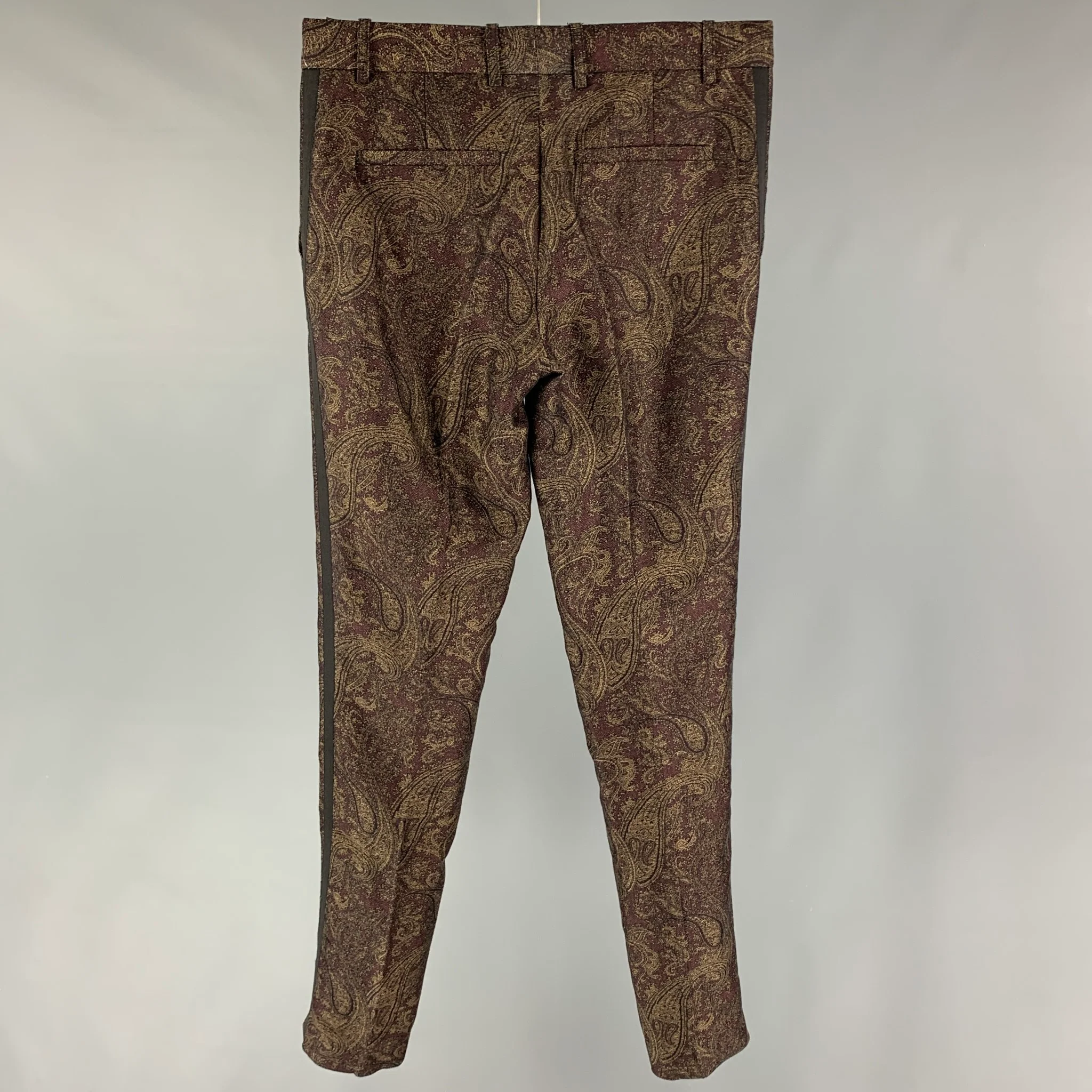 THE KOOPLES Size 30 Burgundy Gold Paisley Linen Cotton Zip Fly Dress Pants - Image 3