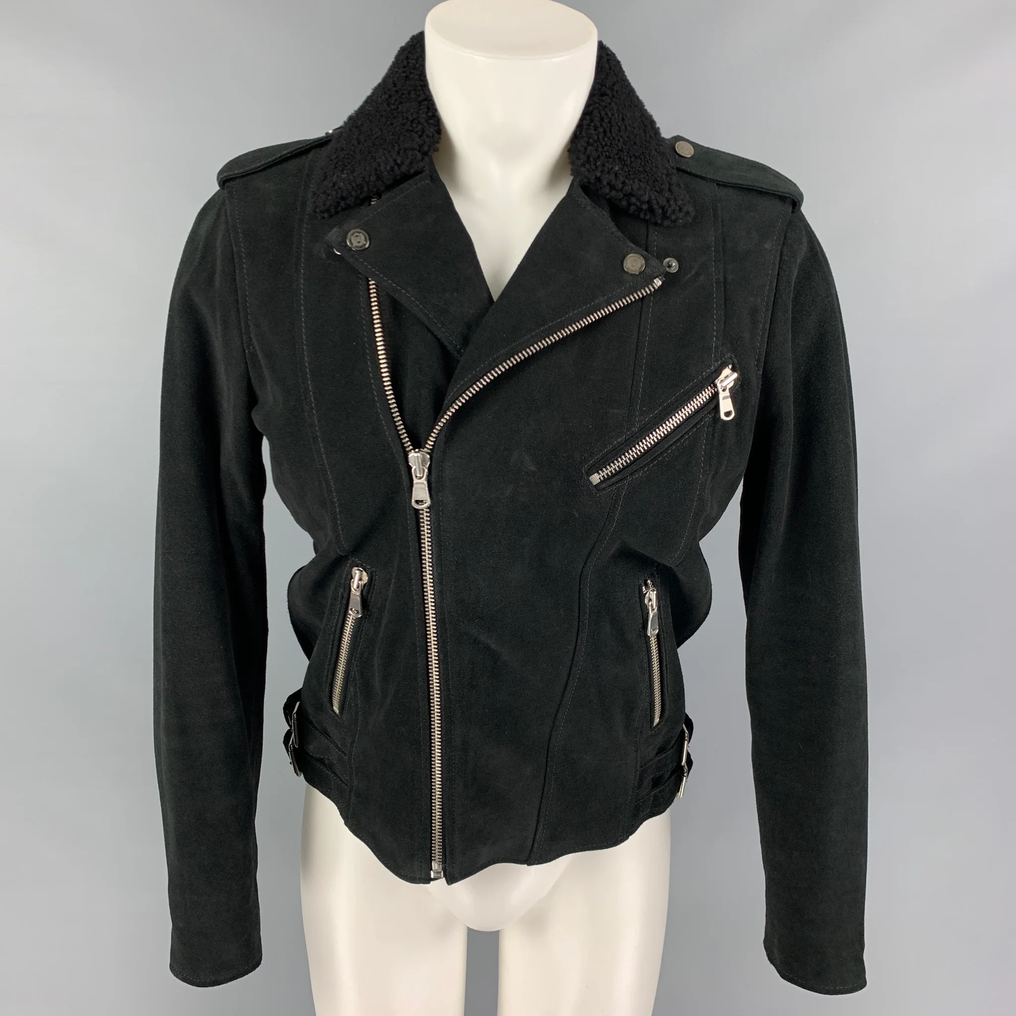 THE KOOPLES Size M Black Leather Shearling Collar Biker Jacket