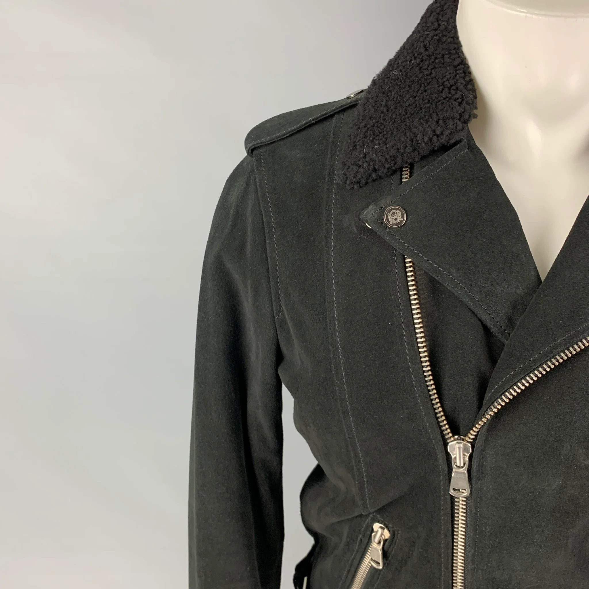THE KOOPLES Size M Black Leather Shearling Collar Biker Jacket - Image 2