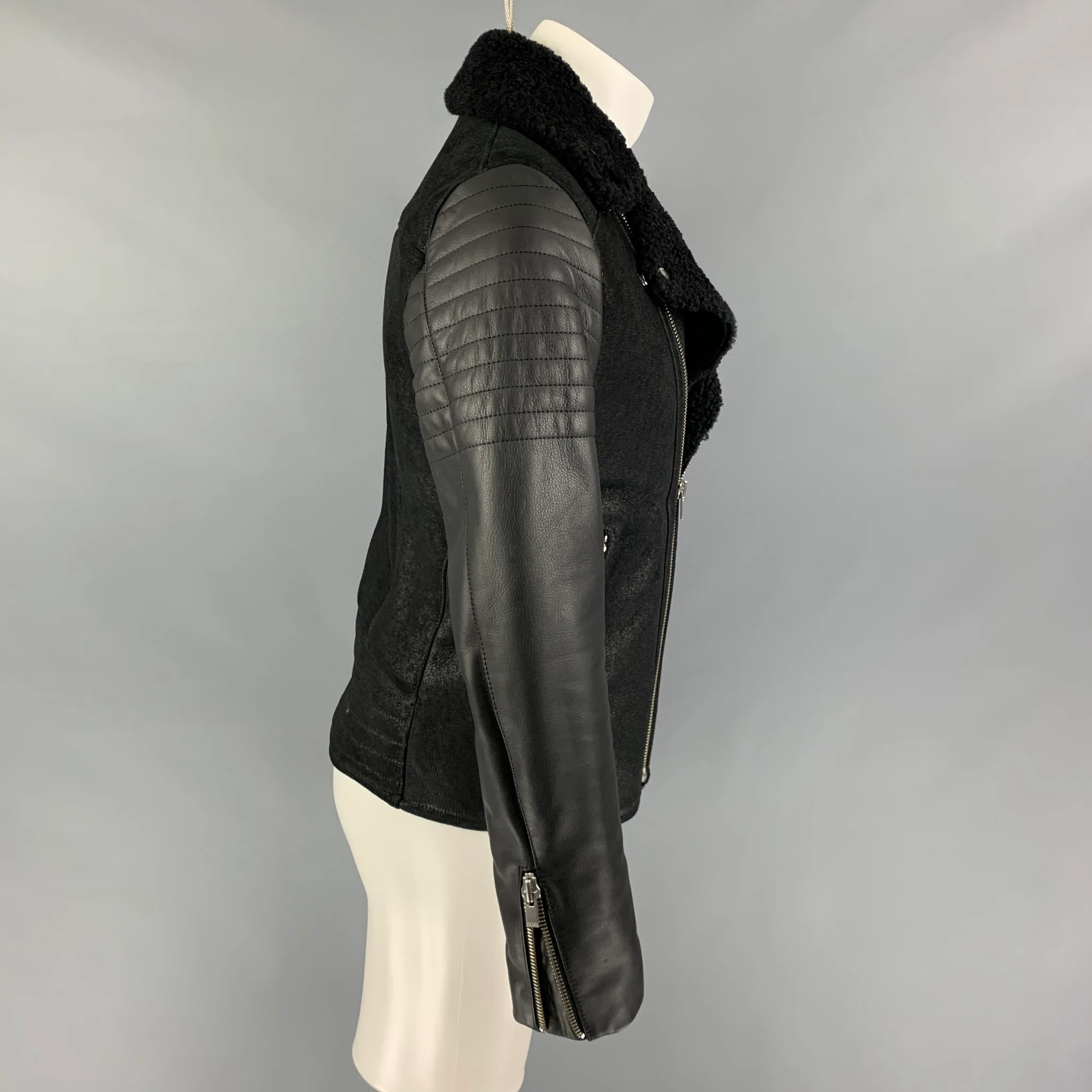 THE KOOPLES Size M Black Shearling Leather Biker Jacket - Image 3