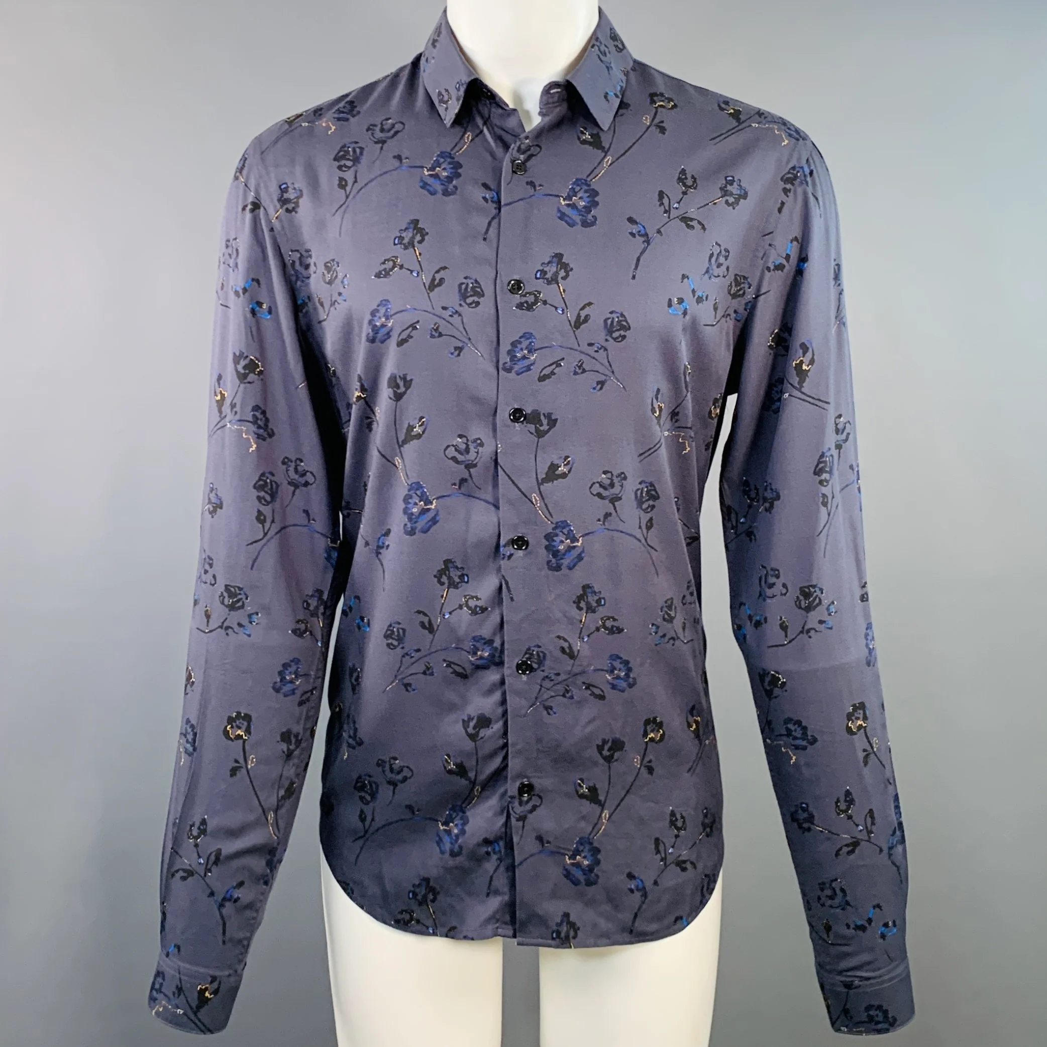 THE KOOPLES Size M Blue Floral Roses Cotton Cutaway Long Sleeve Shirt